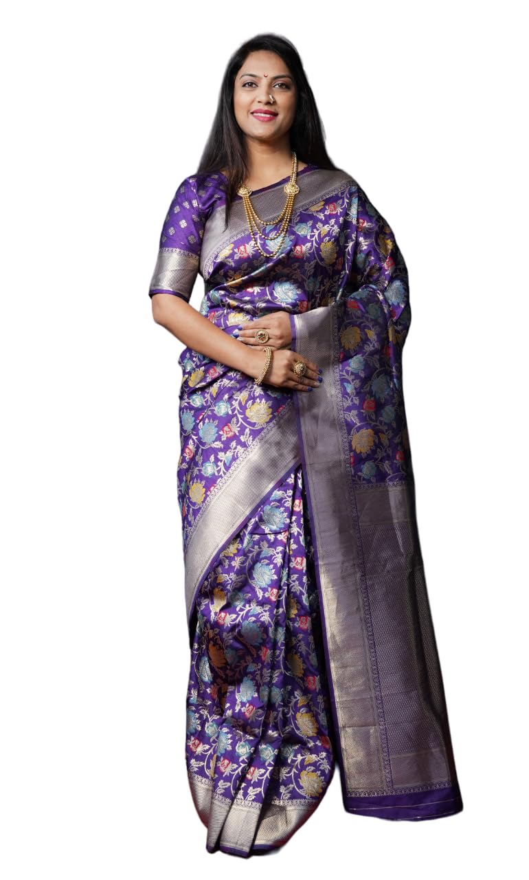 PT'ZFashion Women's Pure Silk Beautiful Banarasi Handloom Saree With Blouse (P-T-10015)