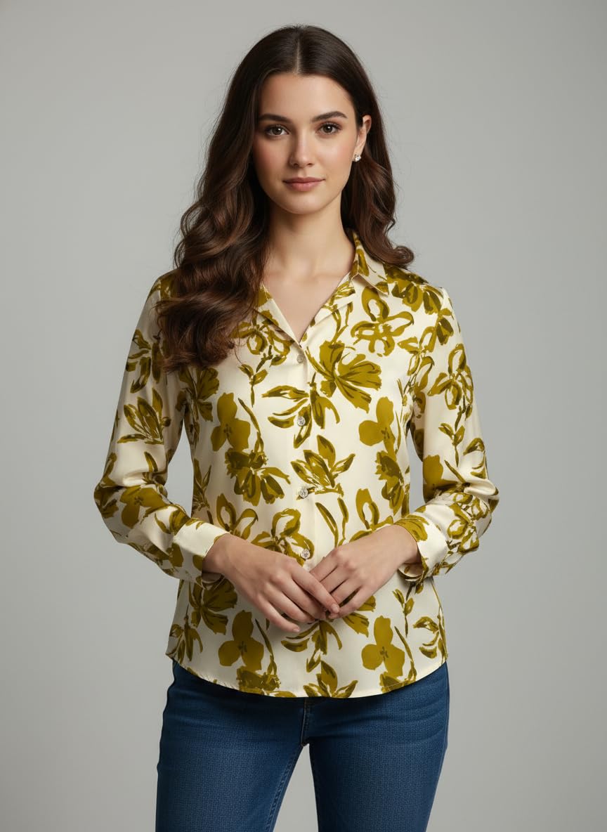 ANNI Designer Bedrucktes Damenhemd aus Baumwollmischgewebe, langärmelig, normale Passform, Hemdkragen, legere Bürokleidung, elegante Western-Kleidung für den Alltag, Hochzeit, Party