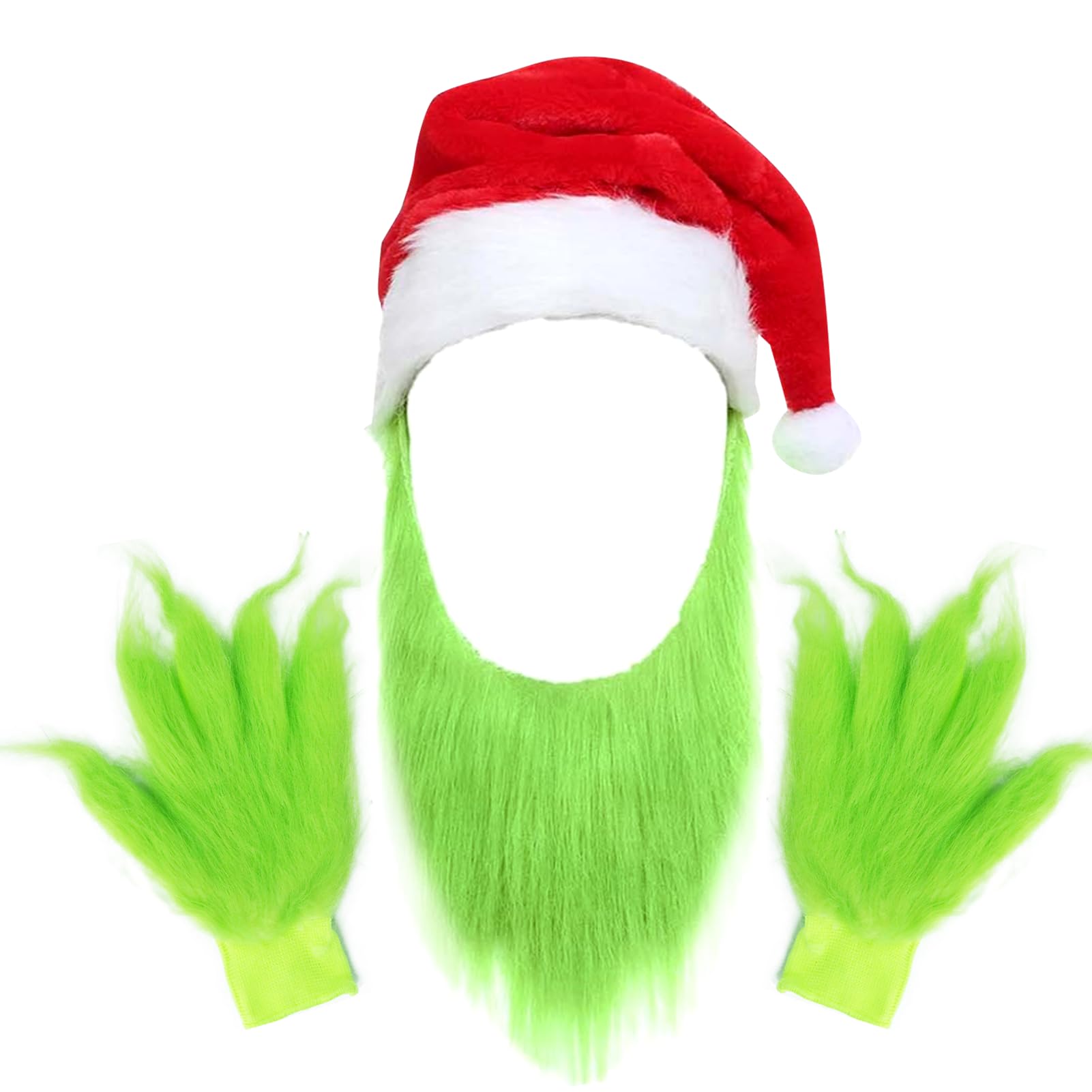 YONEEKSS Green Monster Costume Accessories, Grinch Furry Hand Gloves, Beard, and Santa Hat for Adult Halloween Christmas Cosplay Party Costume Props Supplies