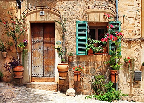 Loccor 7x5ft Fabric Italy Street Backdrop Tuscany Medieval Town Street Stone Wall Window Photography Background for Italian Theme Party Decorations Wedding Birthday Photo Booth Props