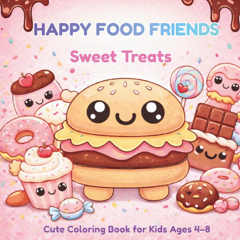 Happy Food Friends: Sweet Treats Coloring Book: Cute and Easy Coloring Book for Kids Ages 4–8 | Kawaii Desserts, Fun & Relaxing Coloring Pages
