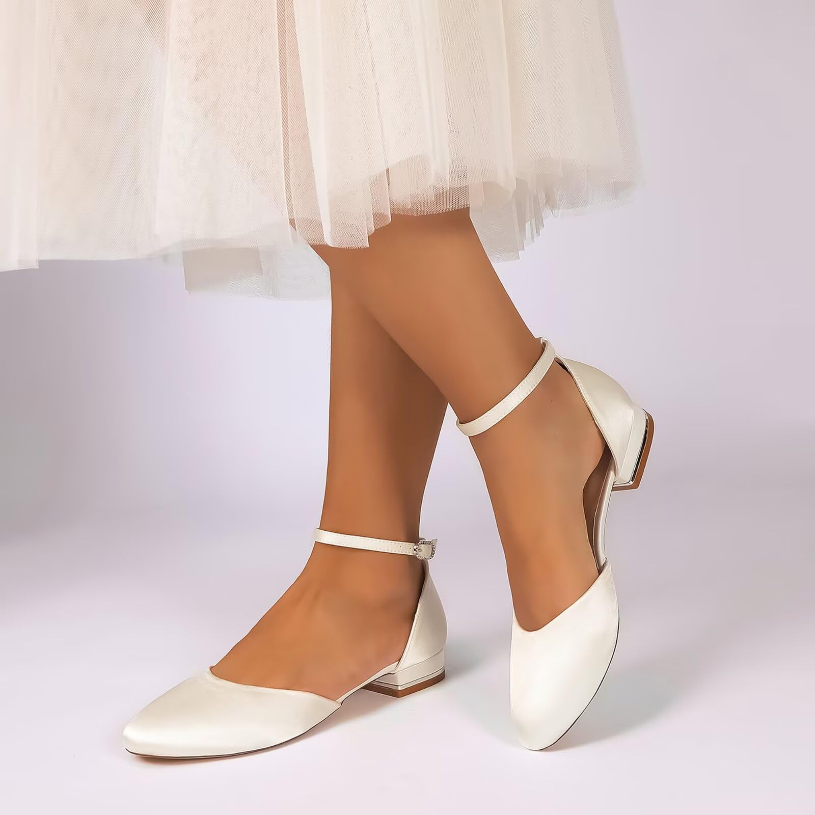 Scarpe da Sposa Comode Tacco Basso Largo Scarpe Matrimonio in Raso Punta Tonda Chiusa Decollete Eleganti con Cinturino alla Caviglia Cerimonia