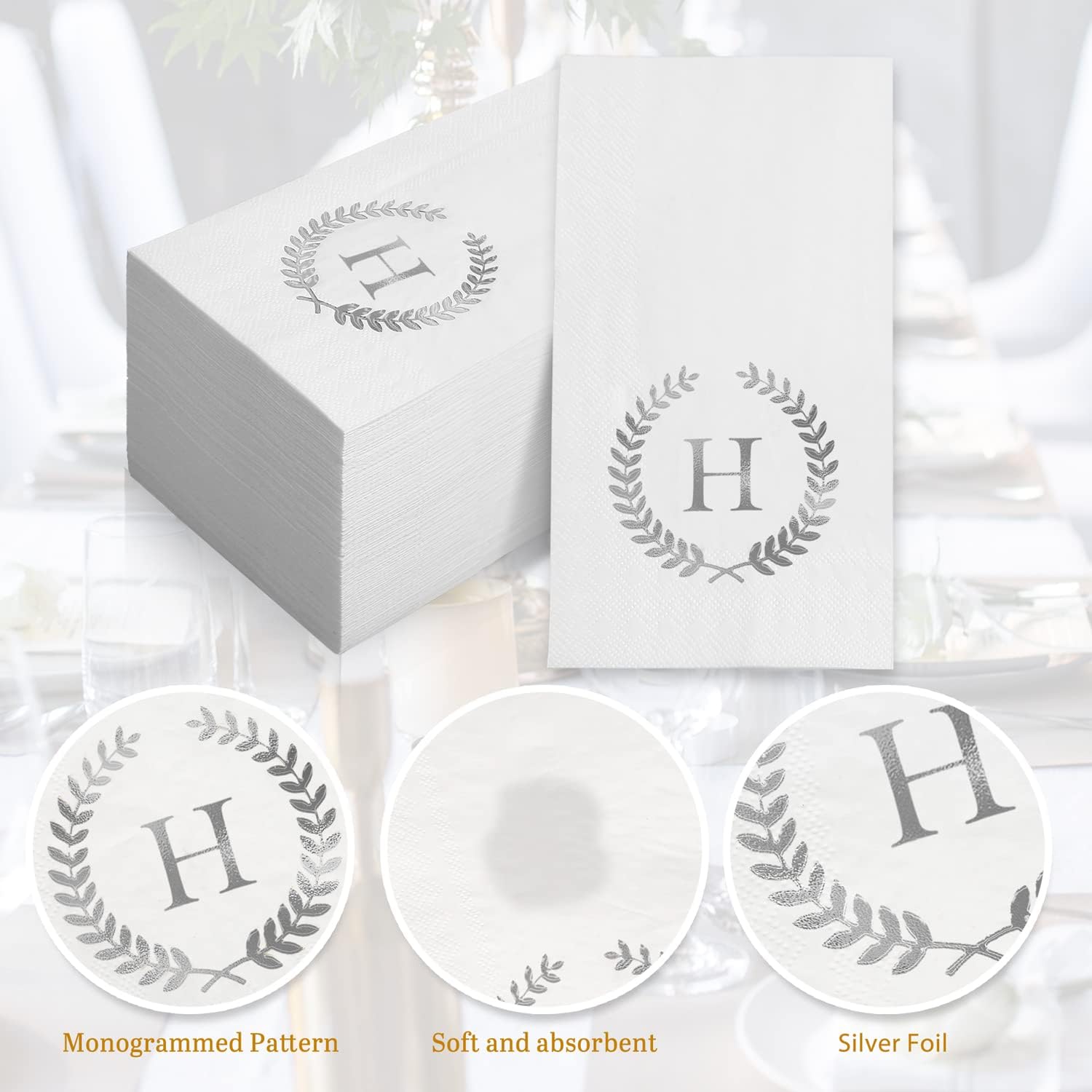200 Pack Monogrammed Disposable Napkins Silver Foil Letter H Guest Napkins Initial Disposable Hand Paper Towels for Wedding Engagement Baby Shower Party Home Kitchen Bathroom Dinner Decorative Towels - Image 4