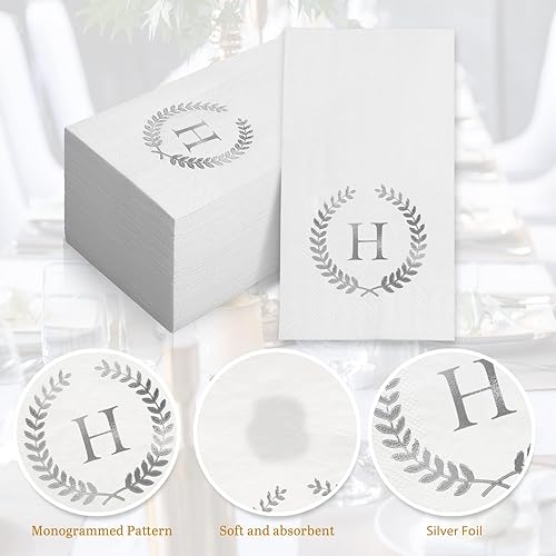 Miniatura 4 de Paquete de 200 servilletas desechables con monograma de papel de aluminio plateado con letra H, servilletas para invitados con inicial, toallas de