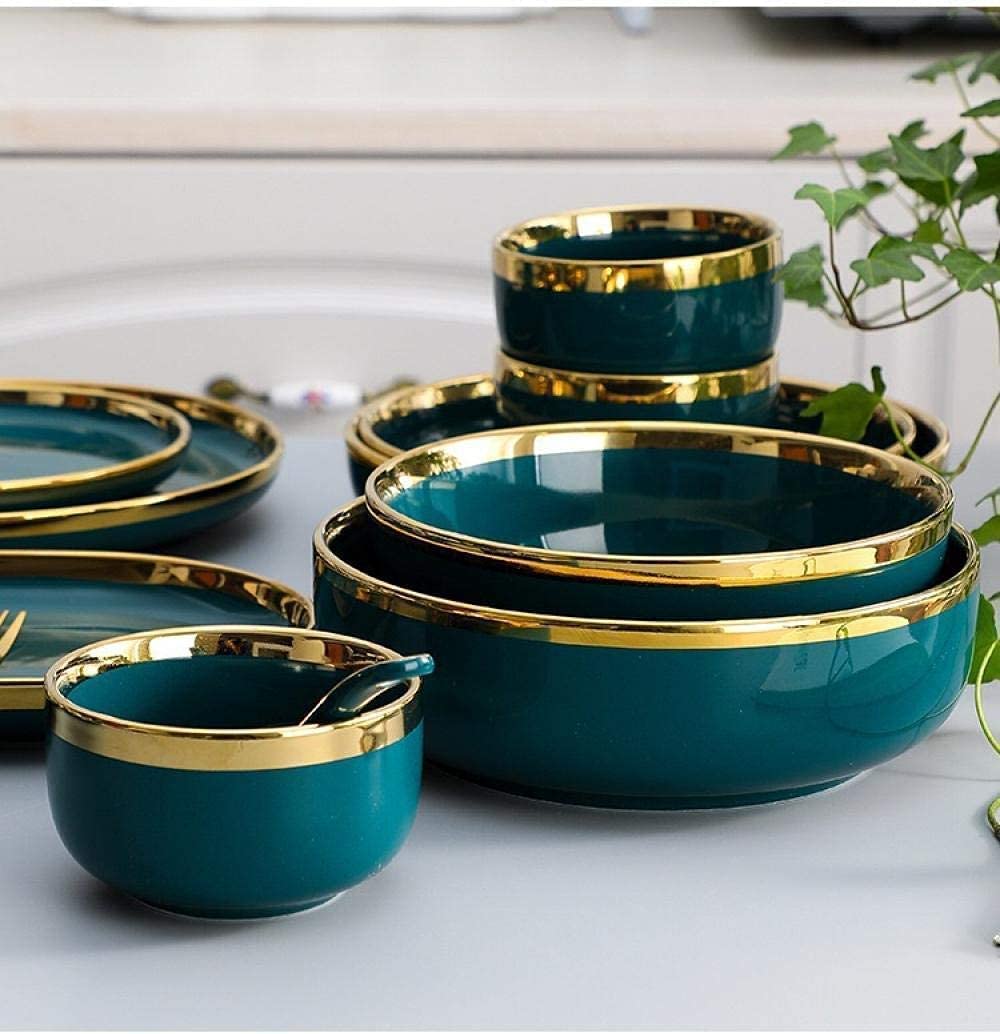 Talerz, zielone miski ze złotą krawędzią, ceramiczna zastawa stołowa, ceramiczna zastawa stołowa, porcelanowa zastawa stołowa, zestaw 18-częściowy (