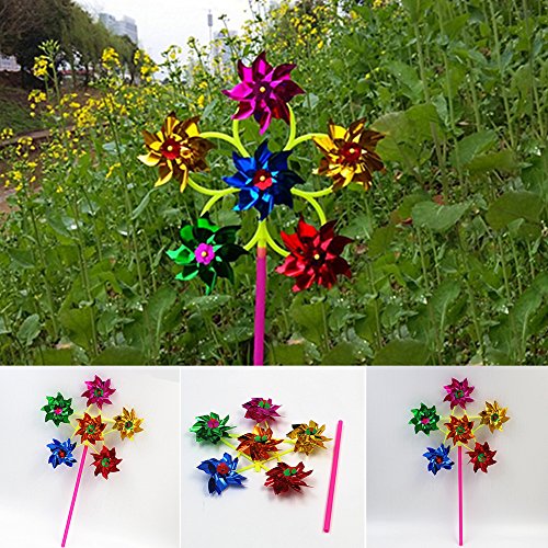 EMVANV 6 Wheel Colorful Plastic Sequins Windmill Whirligig Wind Spinner Home Yard Garden Decor DIY Toy
