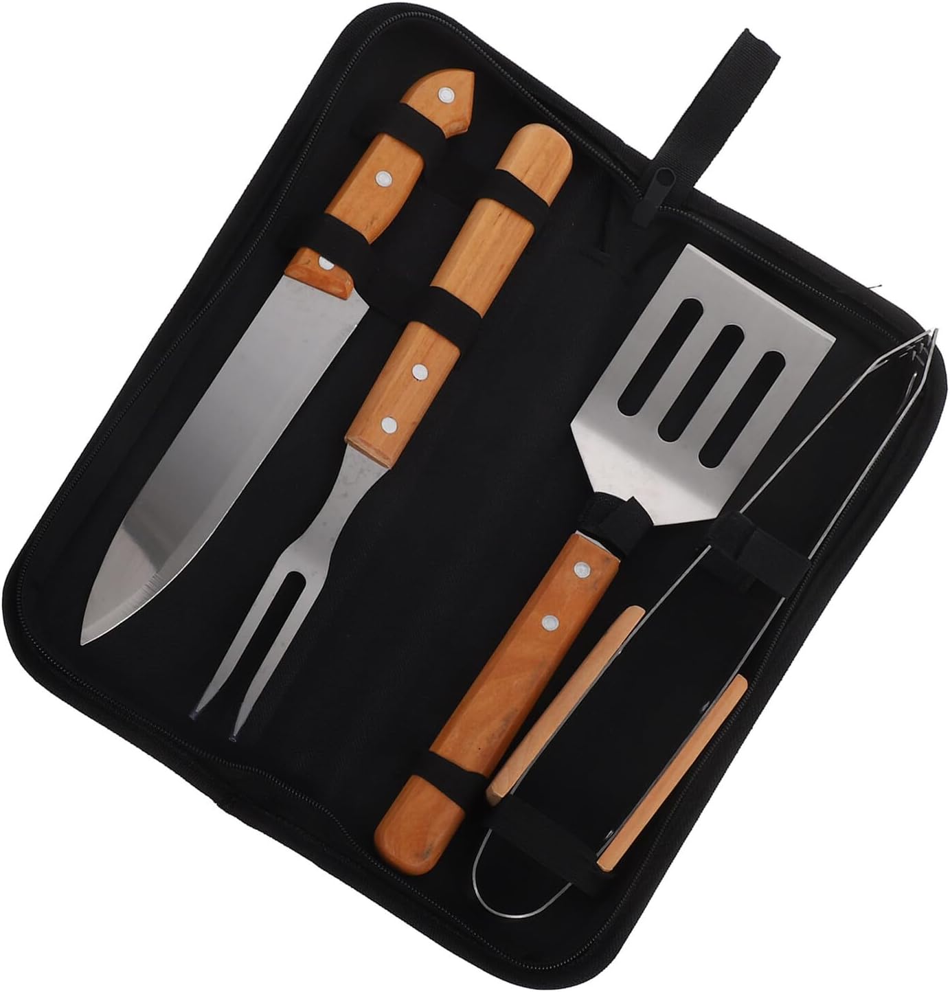 Stainless Steel BBQ Grilling Tool Set with Fork, Spatula, Tongs – Portable Outdoor Barbecue Accessories Kit with Carrying Bag for Camping and Backyard Cooking