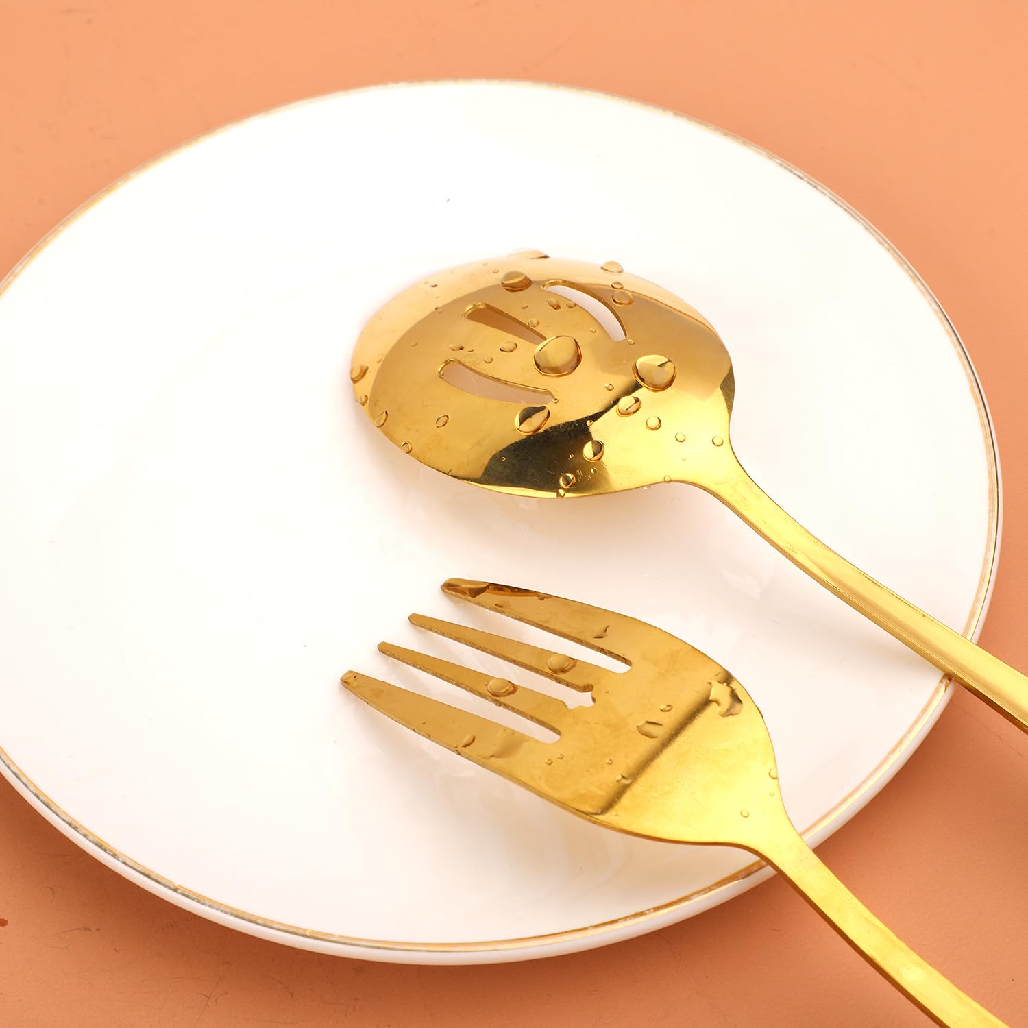 12 Piezas Juegos de Cubiertos para Servir, Acero Inoxidable Cubiertos Dorados Incluye Tenedores para Servir Cucharas Ranuradas Pinzas Cuchillo para Mantequilla Servidor de Tartas para Fiestas