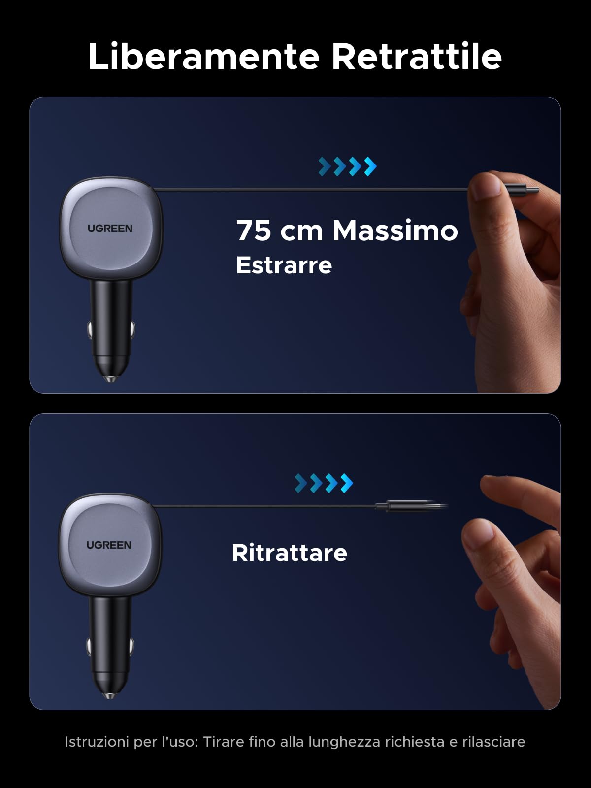 UGREEN 75W Retrattile Caricatore Auto, Caricabatteria Accendisigari USB C Ricarica Rapida PD 3.0 QC 3.0, Compatibile con iPhone 17 Pro Max Air/16/15, Samsung Galaxy S25/24, Pixel10/9, MacBook, iPad