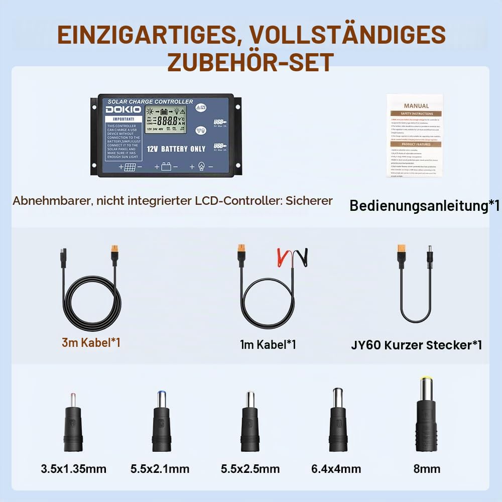 DOKIO Solarpanel Faltbar 200W 18V Kit Monokristalline mit Solar Ladegerät LCD Anzeige 2 USB Ausgang Kabel für 12V Kfz Batterie