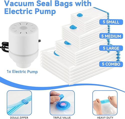 Miniatura 6 de Paquete de 30 bolsas de almacenamiento al vacío con bomba eléctrica, bolsas de almacenamiento al vacío ahorradoras de espacio (5 jumbo5 grandes5
