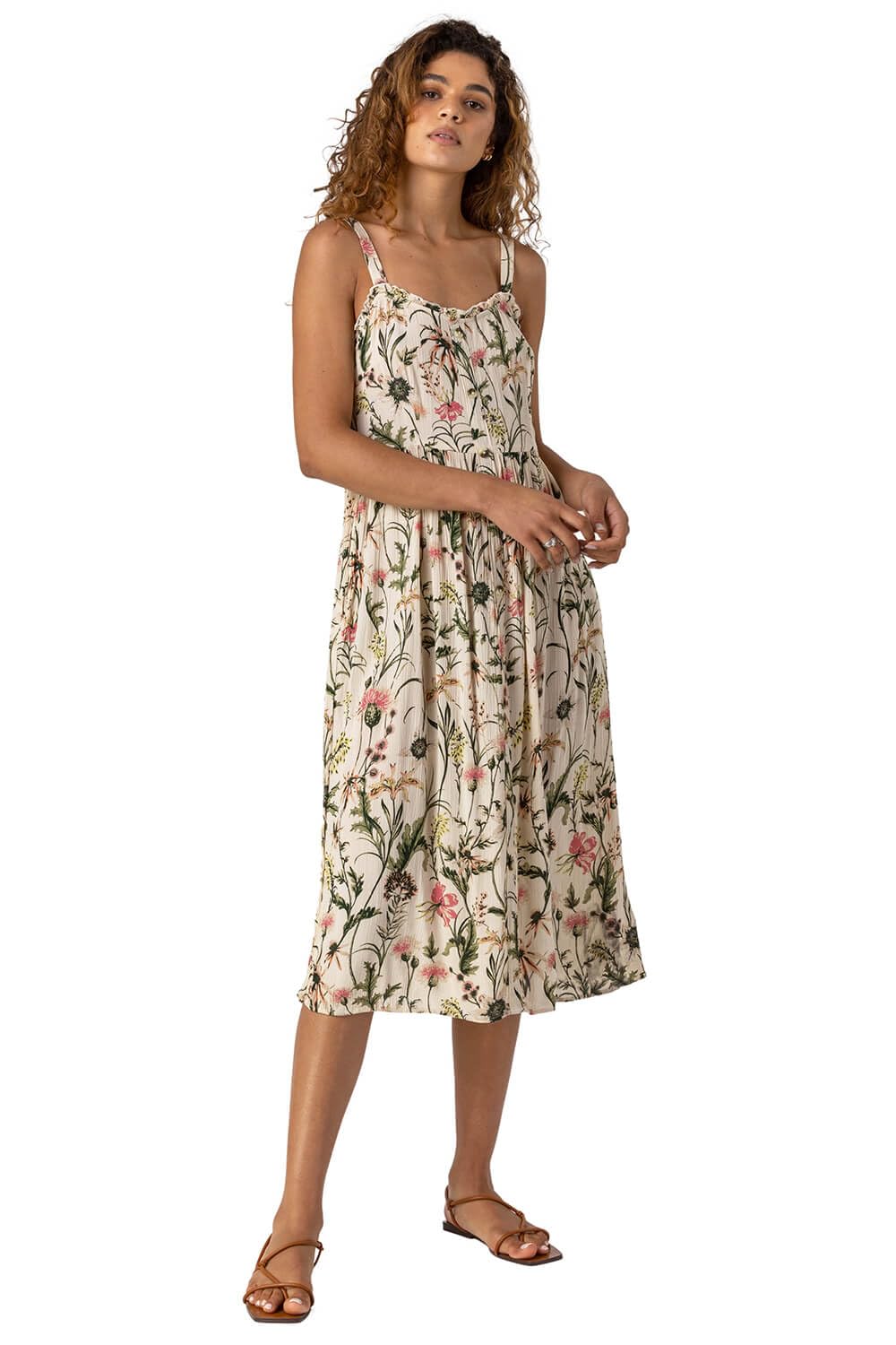 Roman Floral Print Button Down Sun Dress, White, Size 18, Women
