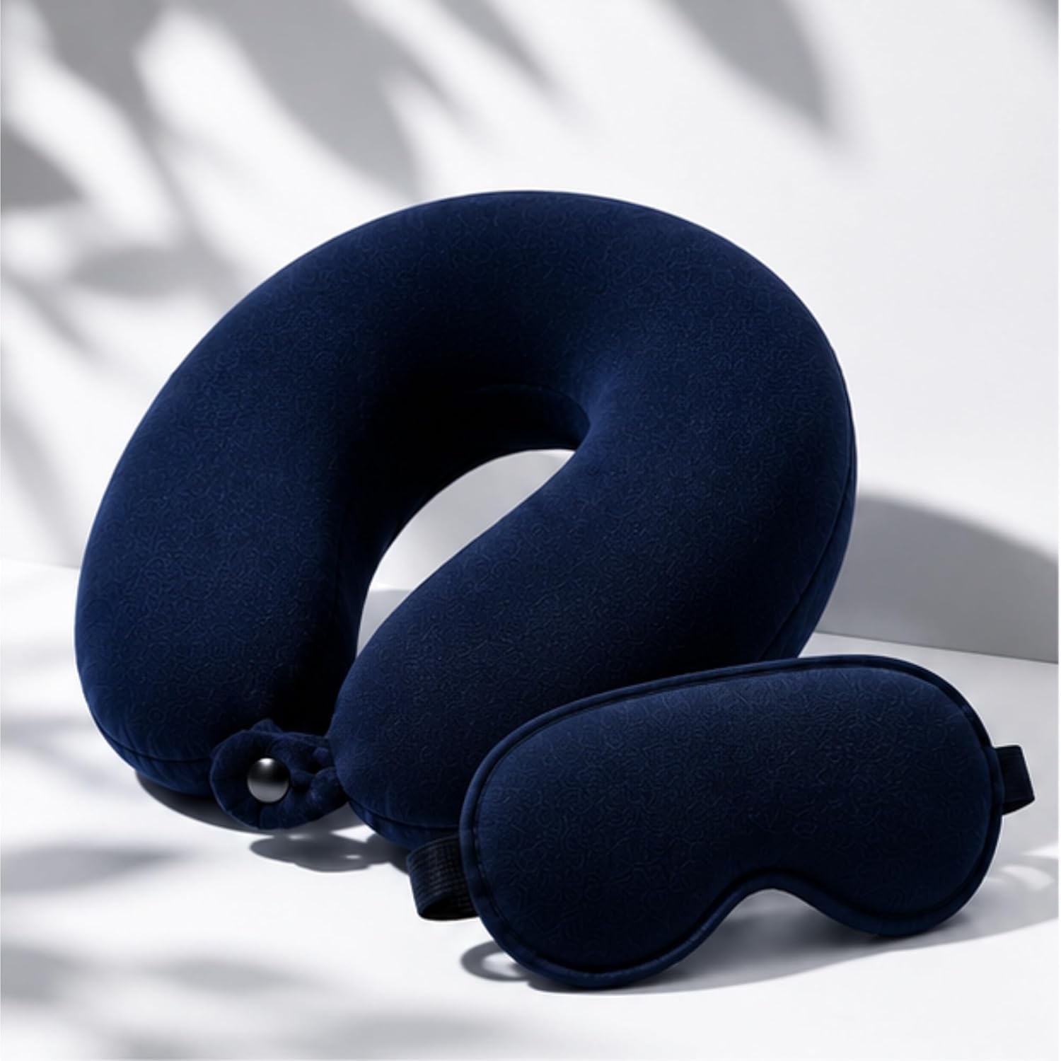 Travel Neck Pillow with Eye Mask Dark Blue U Shape Fiber Filled | Button Closure, Airplane & Flight Use, Car & Train Travel, Office Use, Soft & Comfortable-image-15
