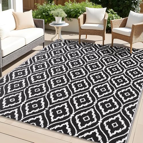 Homaxy Waterproof Outdoor Rug 150 x 240 cm, UV Resistant Reversible Plastic Straw Garden Rug, Portable Easy Cleaning Carpet for Patio, Camping, Balcony, Picnic, Black & White