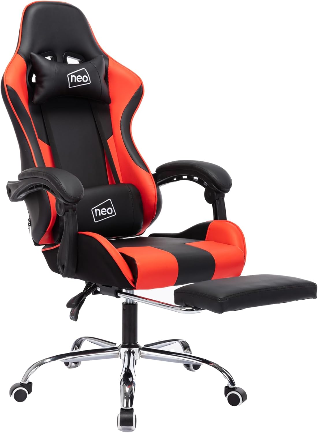 Neo Leather Gaming Racing Chair Footrest, Headrest and Lumbar Massage, Height Adjustable with