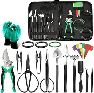 Bonsai Werkzeug Set, 24-Teiliges Gartenwerkzeug Set für Einsteiger, Rostfreie Bonsai Schere, Zange, Pinzette & wasserdichte Umtopfmatte, Pflanzen Pflege Kit in Geruchsneutraler Tasche