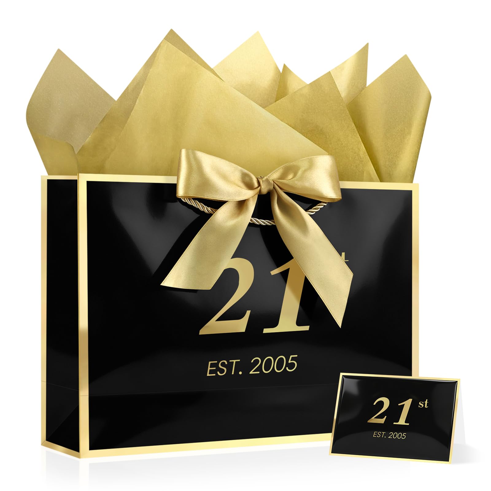YoungTree 21st Birthday Gift Bag, 32x22x11 cm, Black Portable Paper Bag with Handle, Includes 1 Card & 2 Tissue Papers, Perfect for Birthday Party, Presents, 21st Birthday Gifts for Men Born in 2005 — image 1