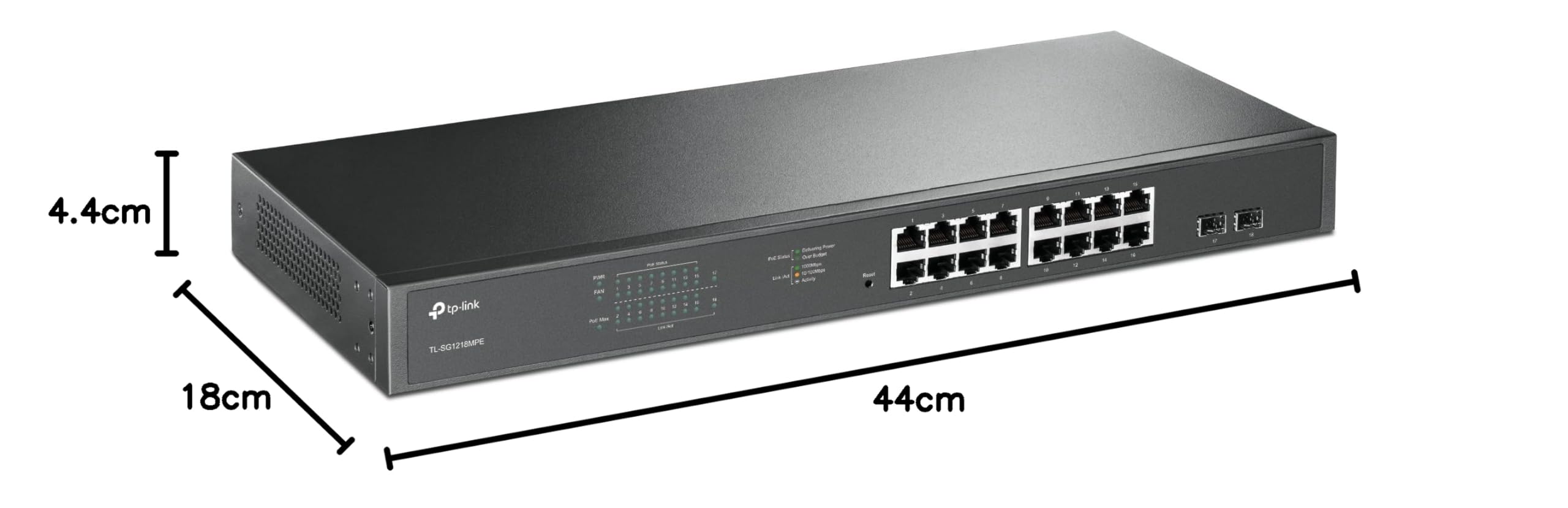 TP-Link TL-SG1218MPE 16-Port-Gigabit PoE Switch Easy Smart Managed, 16 PoE+-Ports mit 250 W, 2 × Nicht-PoE-Ports, 2 × Combo-SFP-Slots, QoS, VLAN, Plug & Play