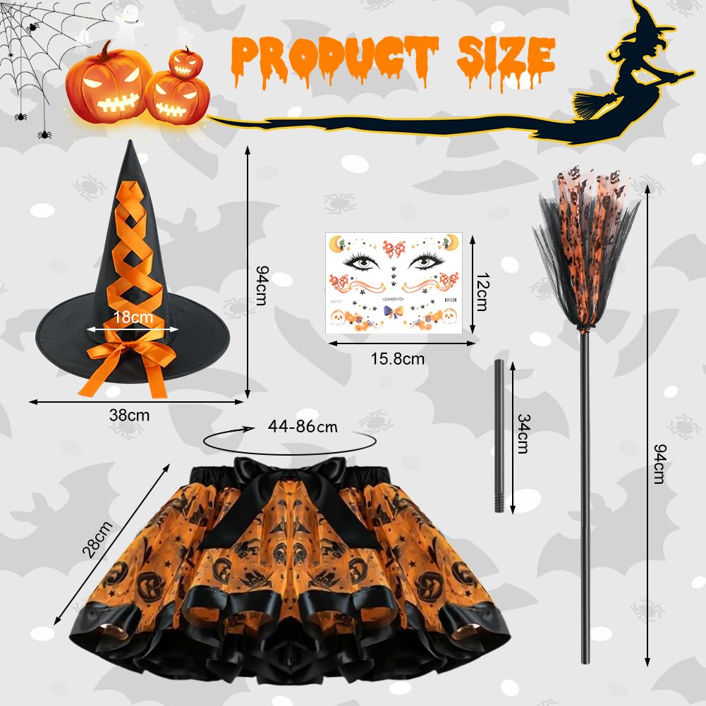 ACWOO Kids Witch Costume, 4PCS Halloween Pumpkinhead TuTu Skirt Suit Costumes Set including Witch Broom and Hat, Stickers - Image 2
