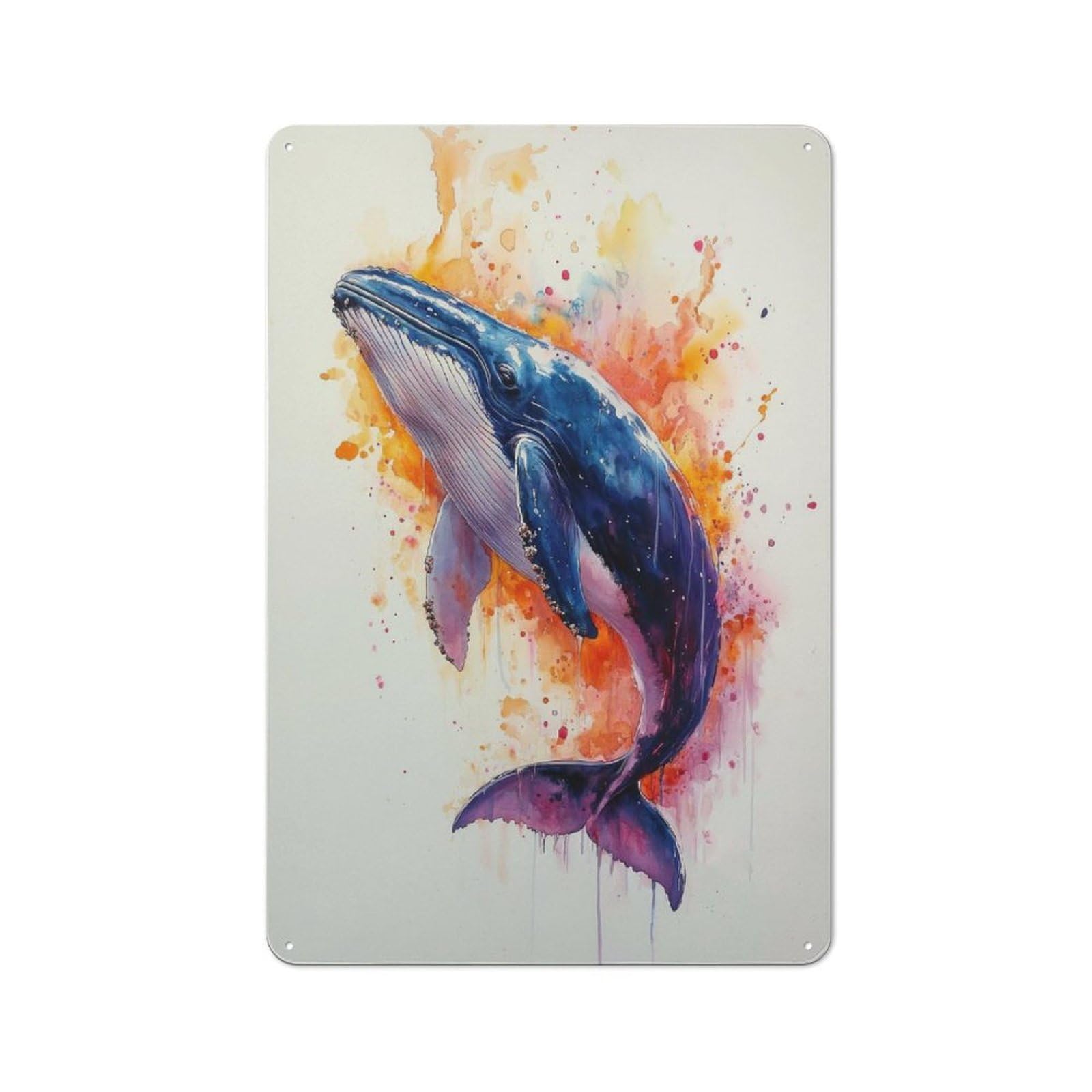 Decorative Metal Plaque with Watercolor Whale Design 30x20cm, Warehouse Style Loft Wall Plaque for Flat, Bar, Studio Or Gallery Wall
