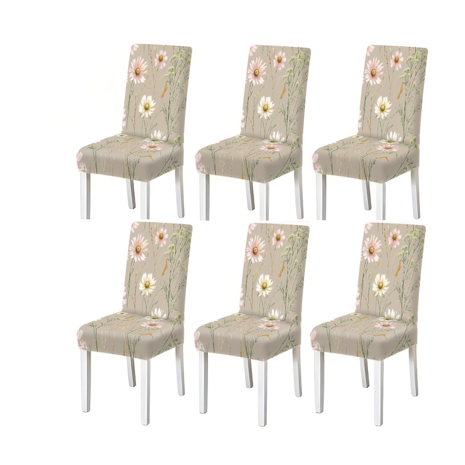 KXUAUV Beige Pink Daisy Wildflower Print Dining Chair Covers, Stretch Slipcovers For Home Kitchen Dining Room Party, 2/4/6PCS Seat Protectors for Restaurant Hotel Party(6PCSChair cover)