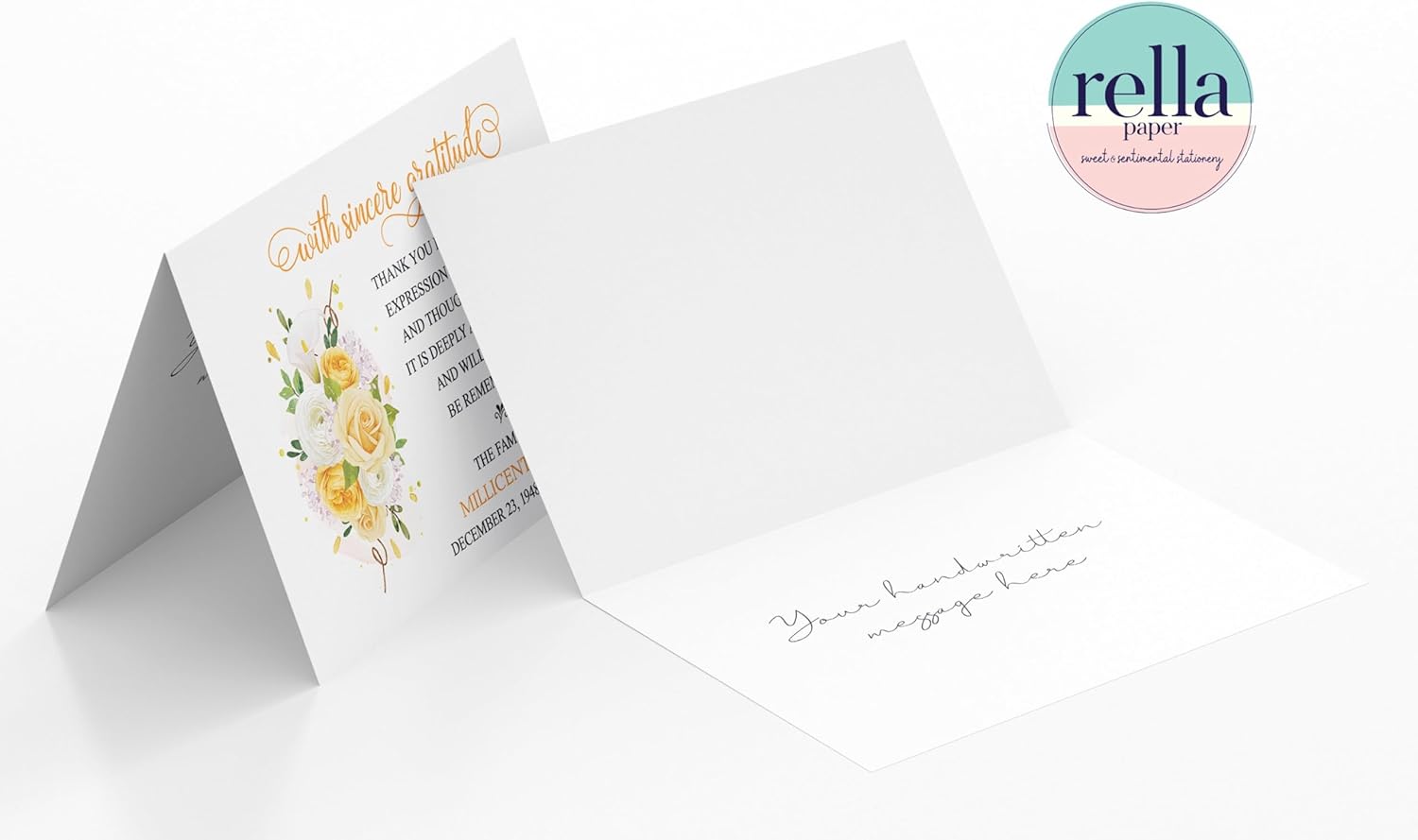 Funeral Thank You Notes with Yellow Roses Personalized, Choose Quantity, Floral Sympathy Thank You Cards with Envelopes, Sympathy Thank You and Bereavement Notecards, After Memorial Service Cards