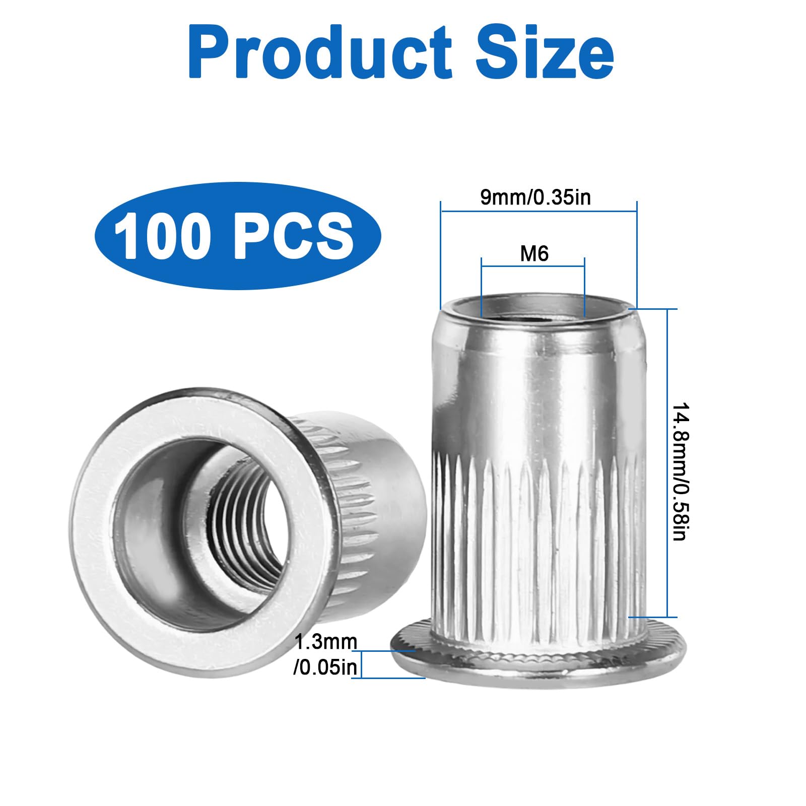 100 tuercas de remache M6 de acero inoxidable de cabeza plana moleteada, tuercas ciegas de remache para chapa, tuercas roscadas roscadas M6, casquillos roscados para materiales de paredes delgadas