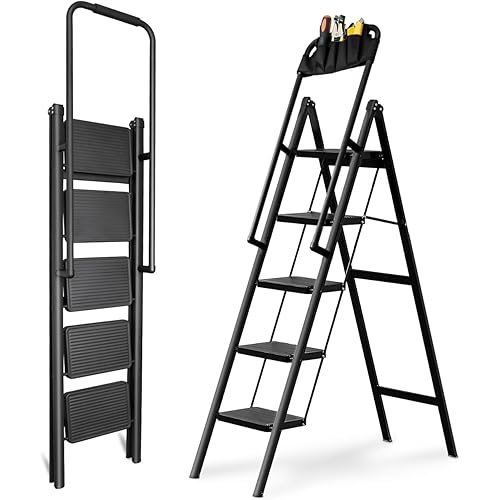 5 Step Ladder with Handrails, Ladders for Home with Removable Tool Bag, Heavy Duty Ladders 330lbs Capacity, Folding Ladder Easy to Store, Tall Kitchen/Closet Ladder for Adults