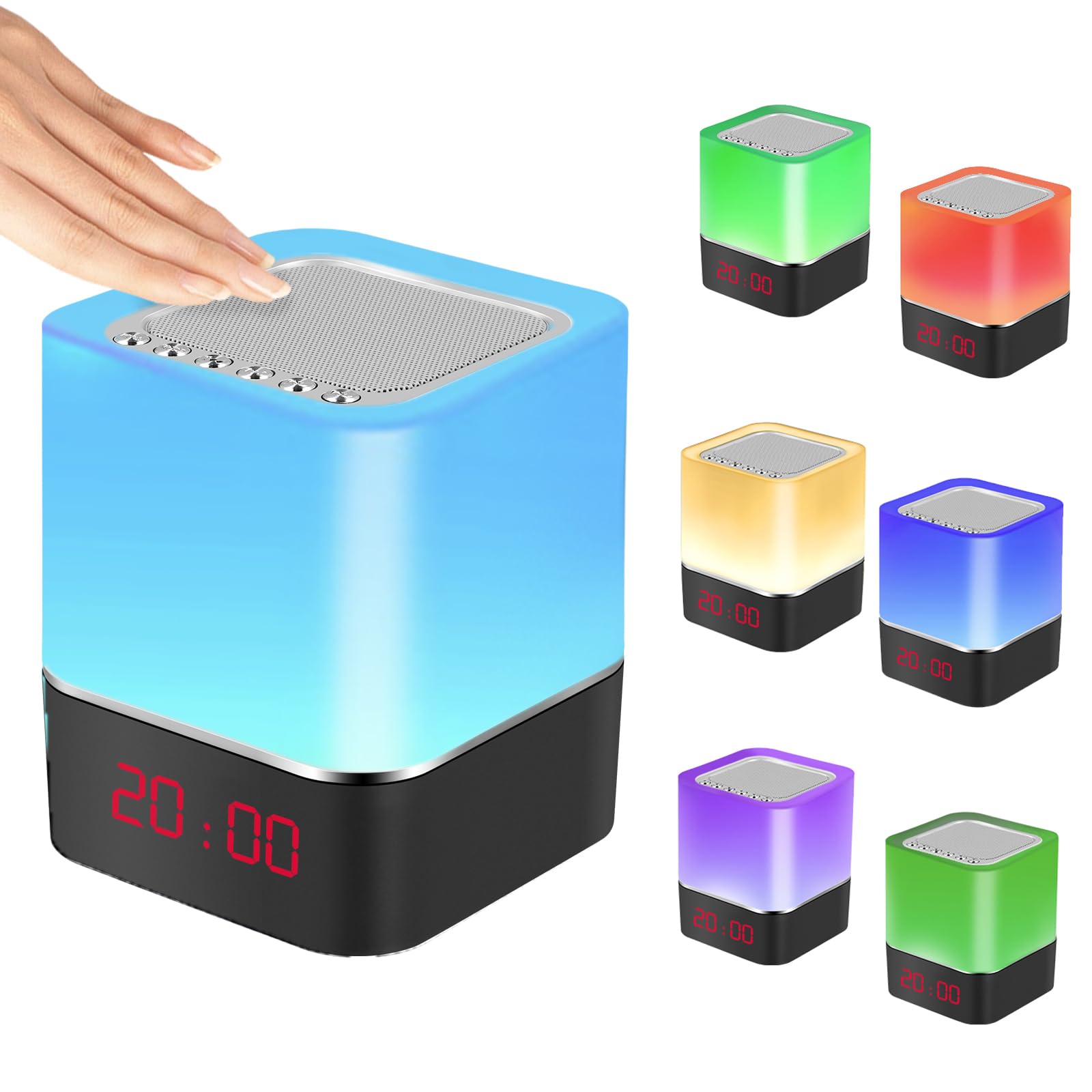 5 en 1 Réveil Lumineux Wireless Réveil, Lampe de Chevet à Commande Tactile à 7 Couleurs Changeantes, Haut-Parleur Wireless Portable, Lecteur MP3 pour Cadeau de Noël pour Hommes/Femmes/Enfants