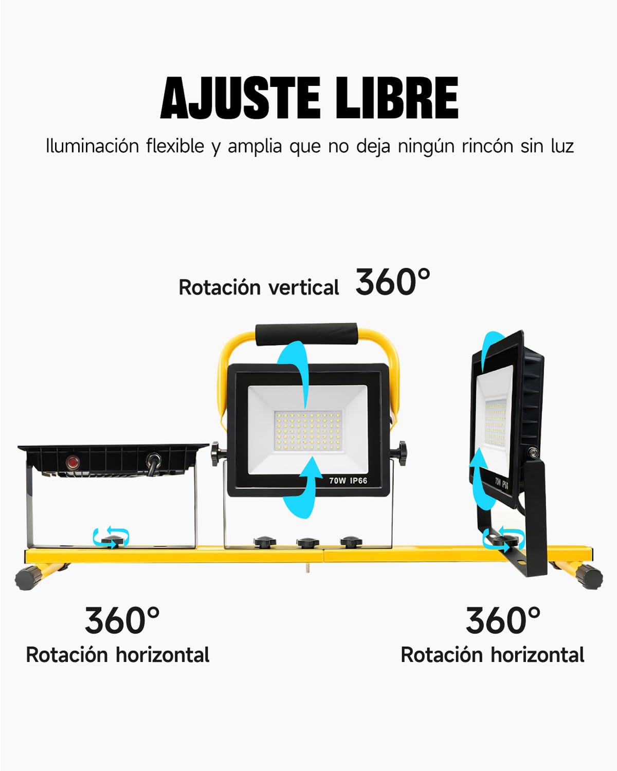 Foco de Trabajo LED 210W con Trípode, 20000LM, 3 Cabezas Giratorias, Cable de 5m, IP66 Impermeable, Luz de Trabajo Plegable para Exterior, Taller, Obra & Emergencias