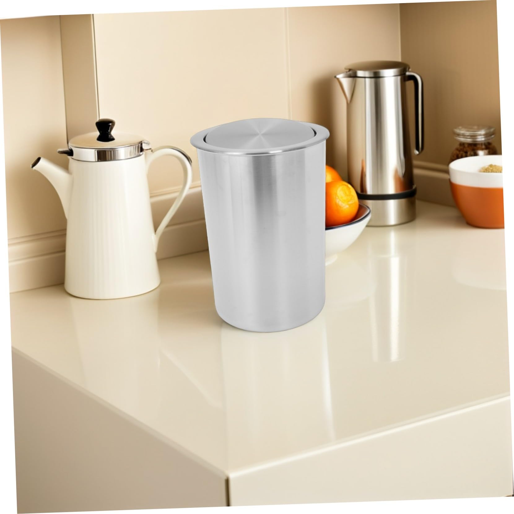 Cabilock Cubo de Basura de Acero Inoxidable Empotrado para Cocina con Diseño Ahorrador de Espacio y Tapa Abatible Redonda Moderno para Hogar y Restaurante