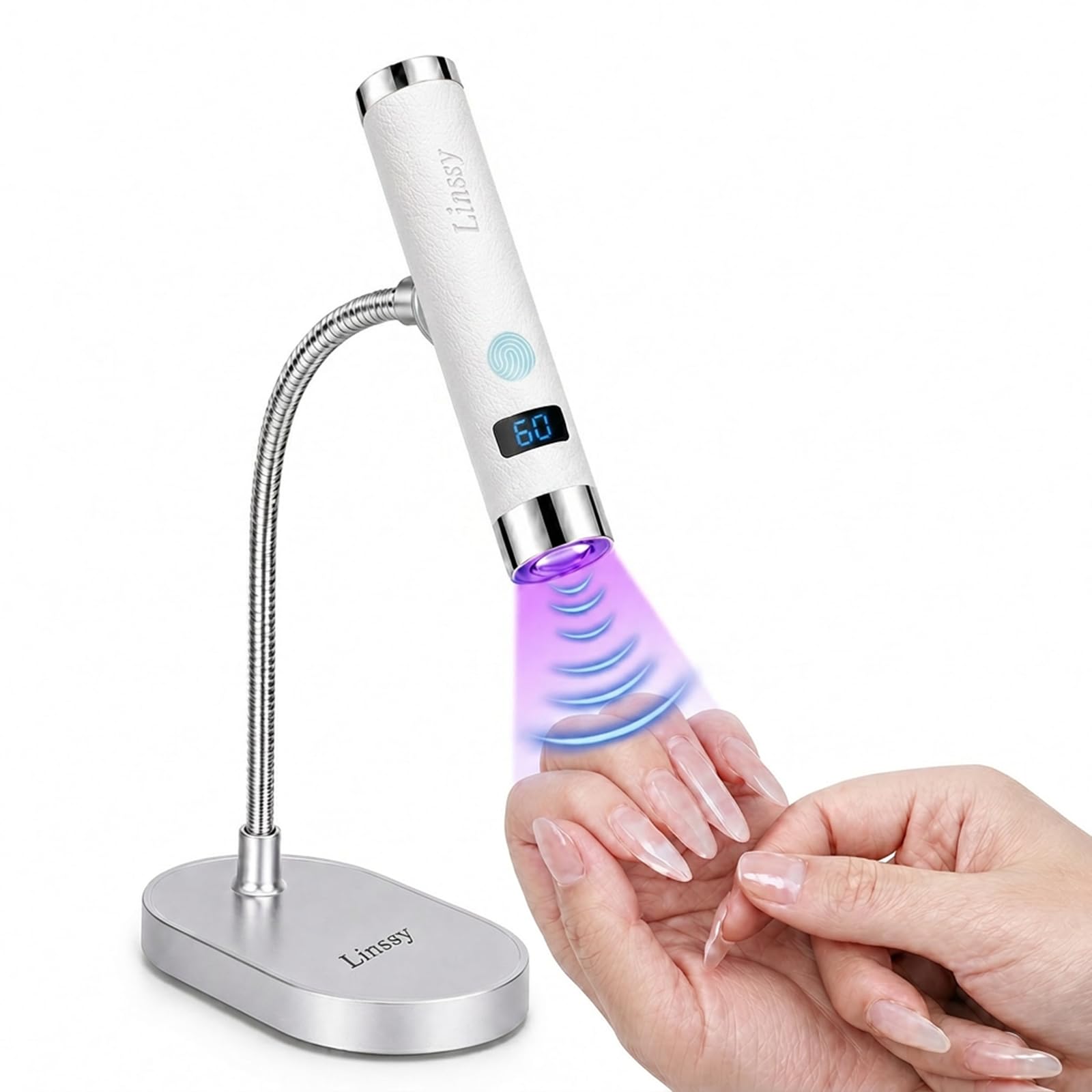 Linssy Mini UV Light for Nails with Auto Sensor & Gooseneck Stand,Portable Cordless Nail Lamp Flash Cure Lamp with LCD Display,Handheld UV Light for Gel Nails for Salon & Home（White-image-20