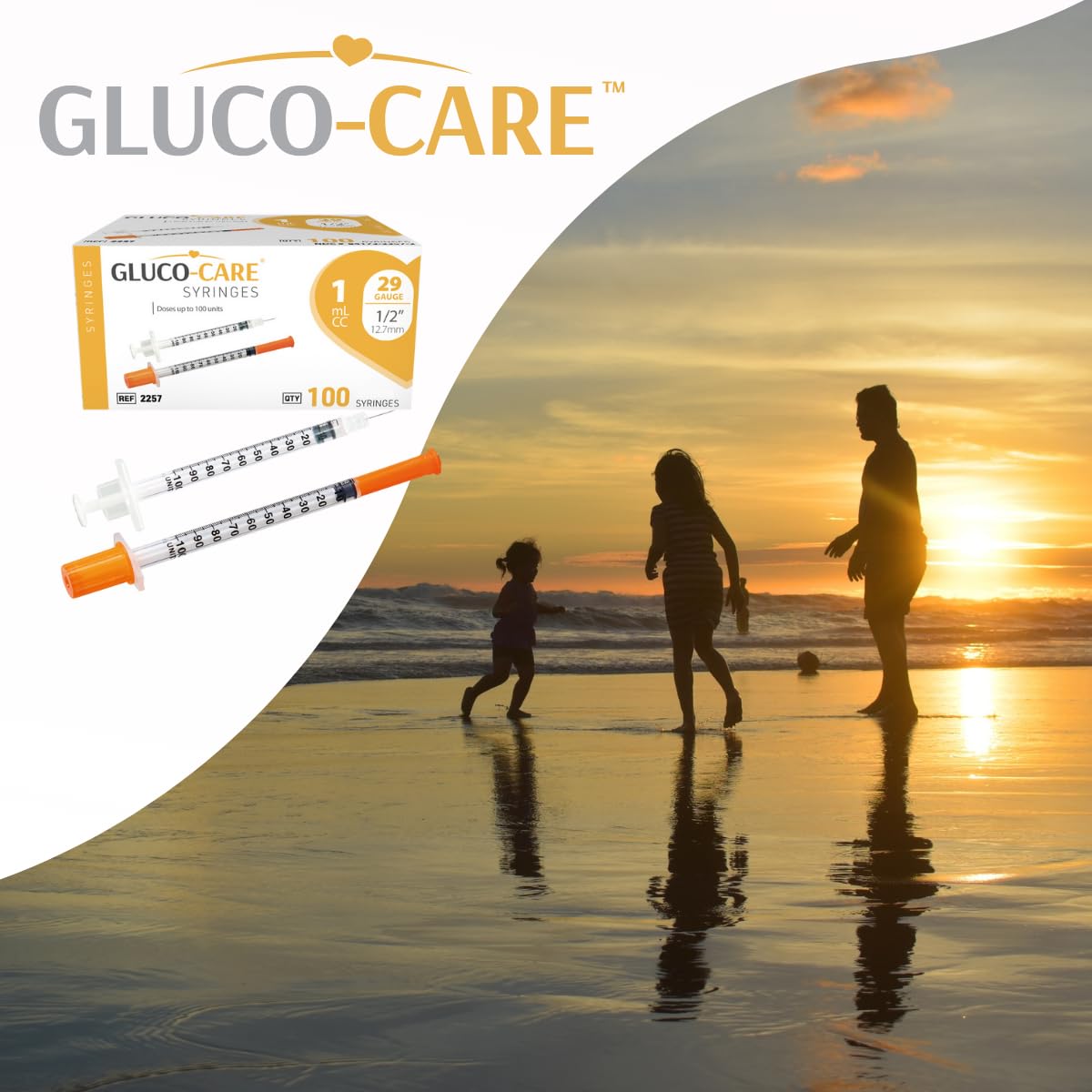 GLUCO-CARE Jeringas de 1 ml/cc de 29 g x 12,7 mm, 100 unidades por caja