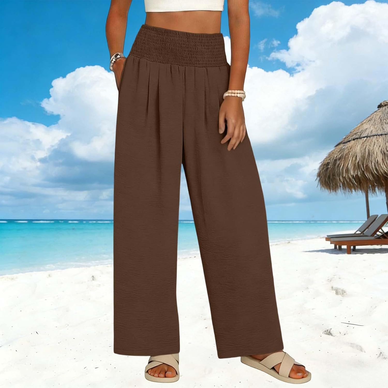 Womens Wide Leg Pants Palazzo Casual Loose Fit Flowy Elastic High Waist Pant Dressy Long Lounge with Pockets