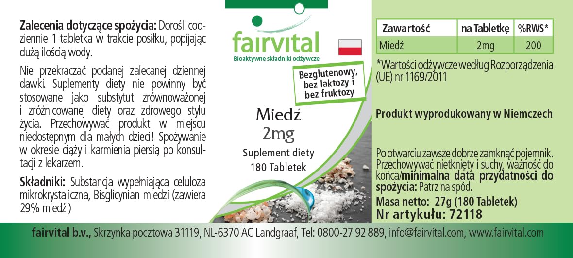 fairvital Rame 2 mg, 180 compresse, facili da deglutire, bisglicinato di rame, qualità testata e ad alto dosaggio, 100% vegano, Made in Germany
