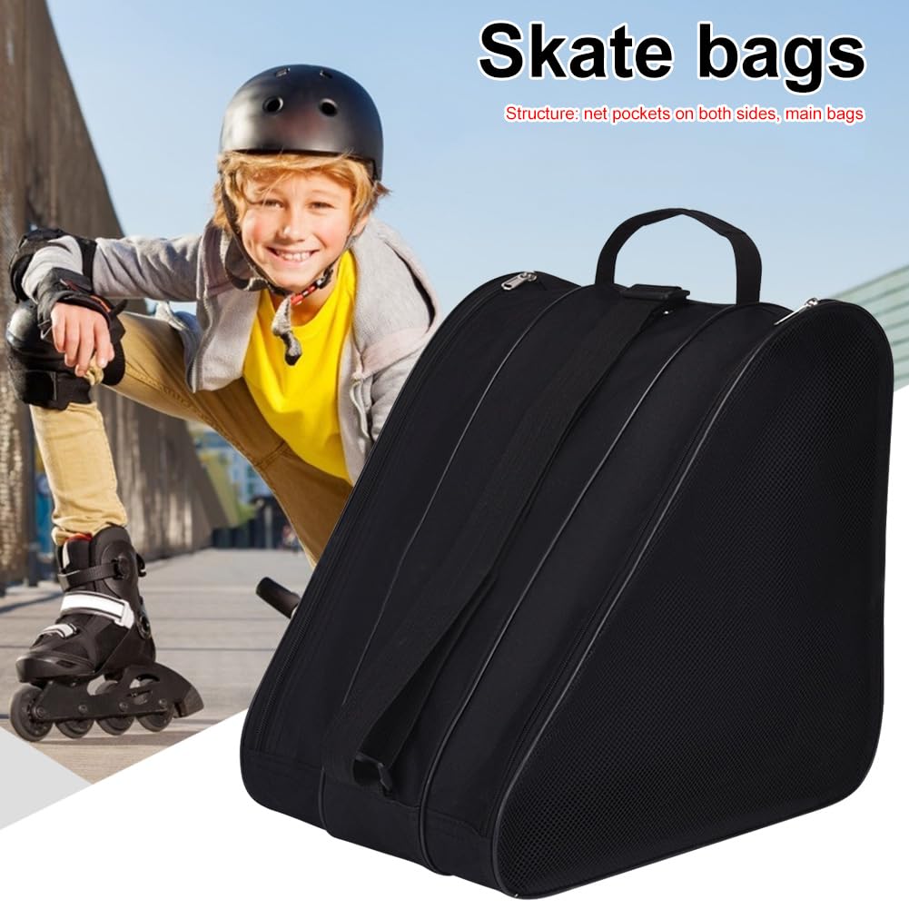 Skate Bag Schlittschuh Tasche mit Henkeln, Eishockey-Bag mit Reißverschluss & Fächern Verstellbarem Trageriemen Aufbewahrungstasche für Eislaufschuhe mit Netztaschen (Schwarz)