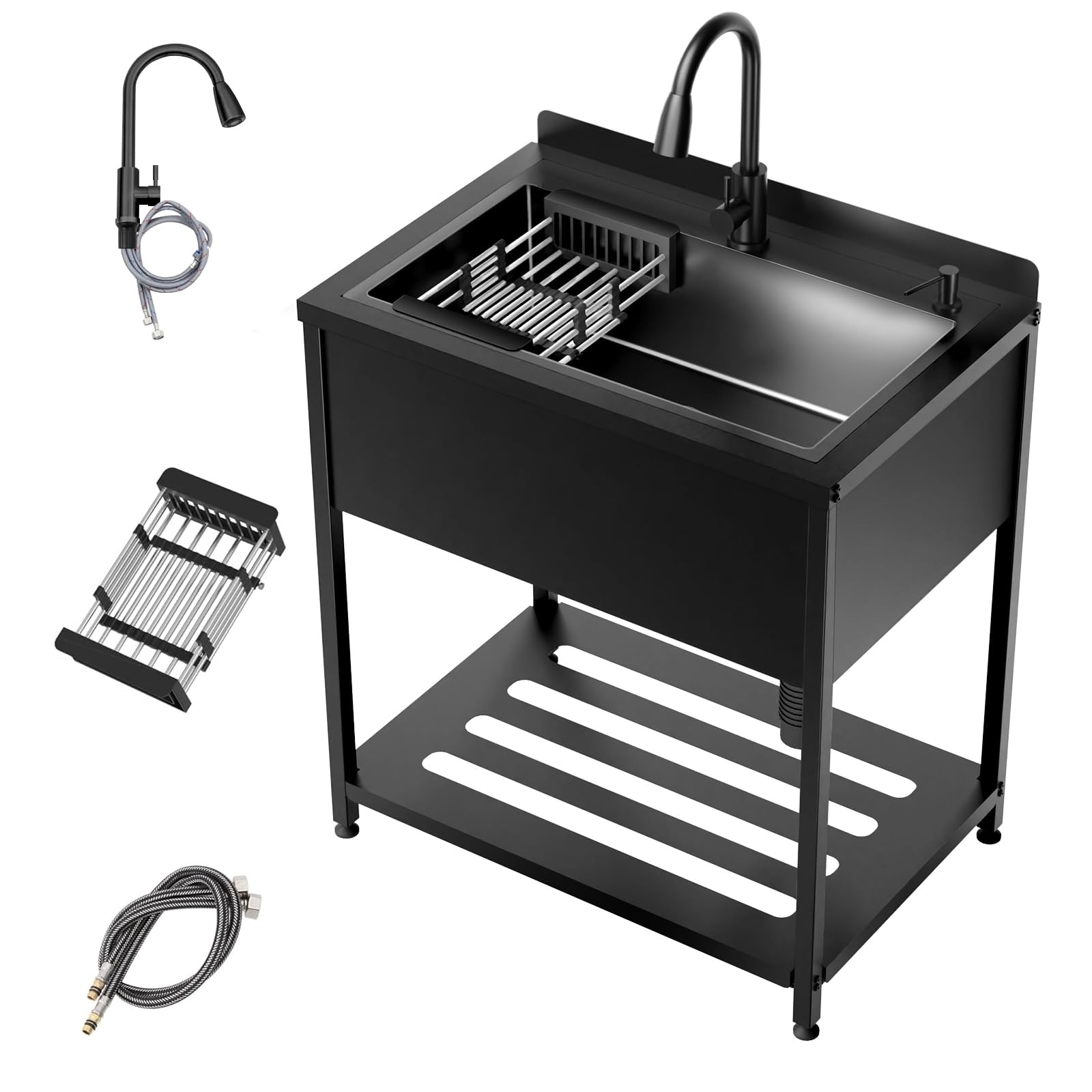Stainless Steel Utility Sink, 33.5" × 22" × 36.6"Freestanding Sink with Cold and Hot Water Faucet,Hoses and Drain Kit for Kitchens, Bathrooms, Garage, Laundry Room