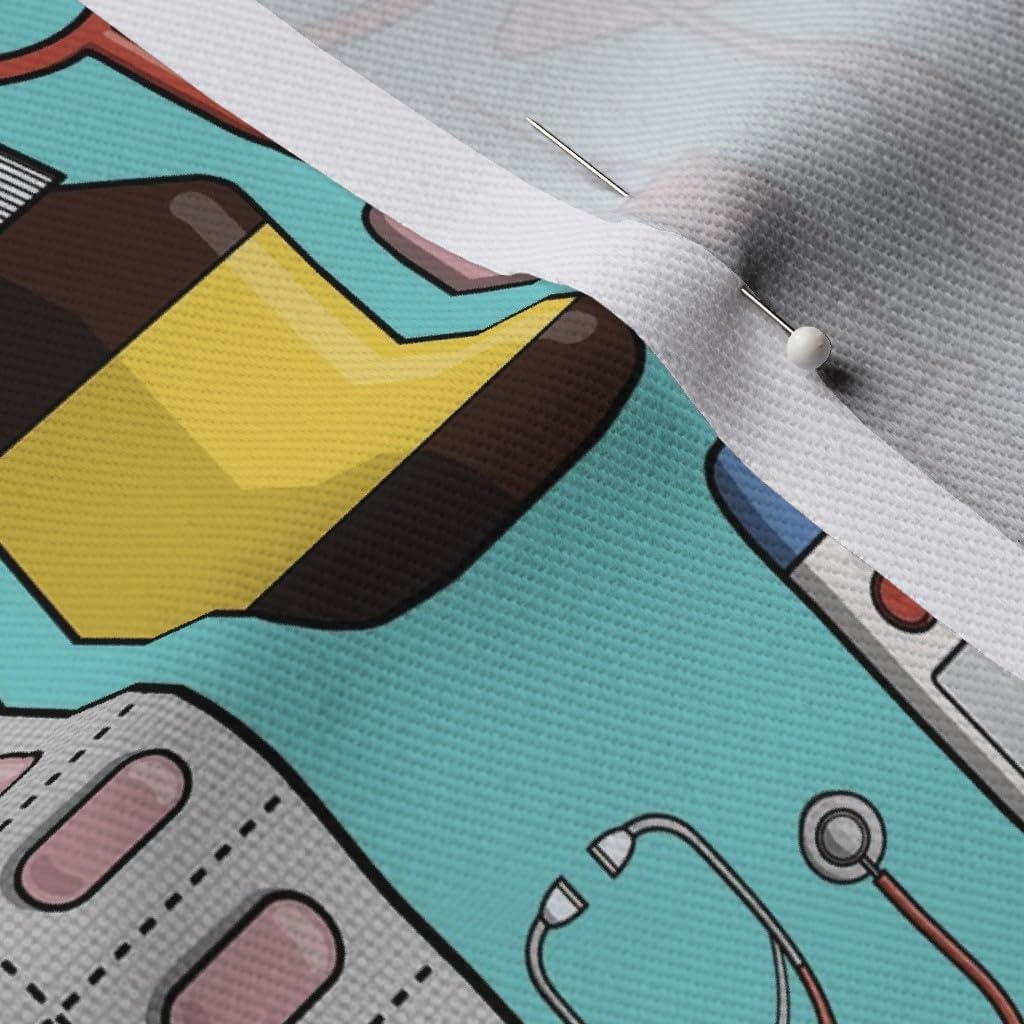 Spoonflower Fabric - Turquoise Doctor Hospital Nurse Pills Health Blue Green Printed on Denim Fabric by The Yard - Bottomweight Apparel Home Decor Upholstery