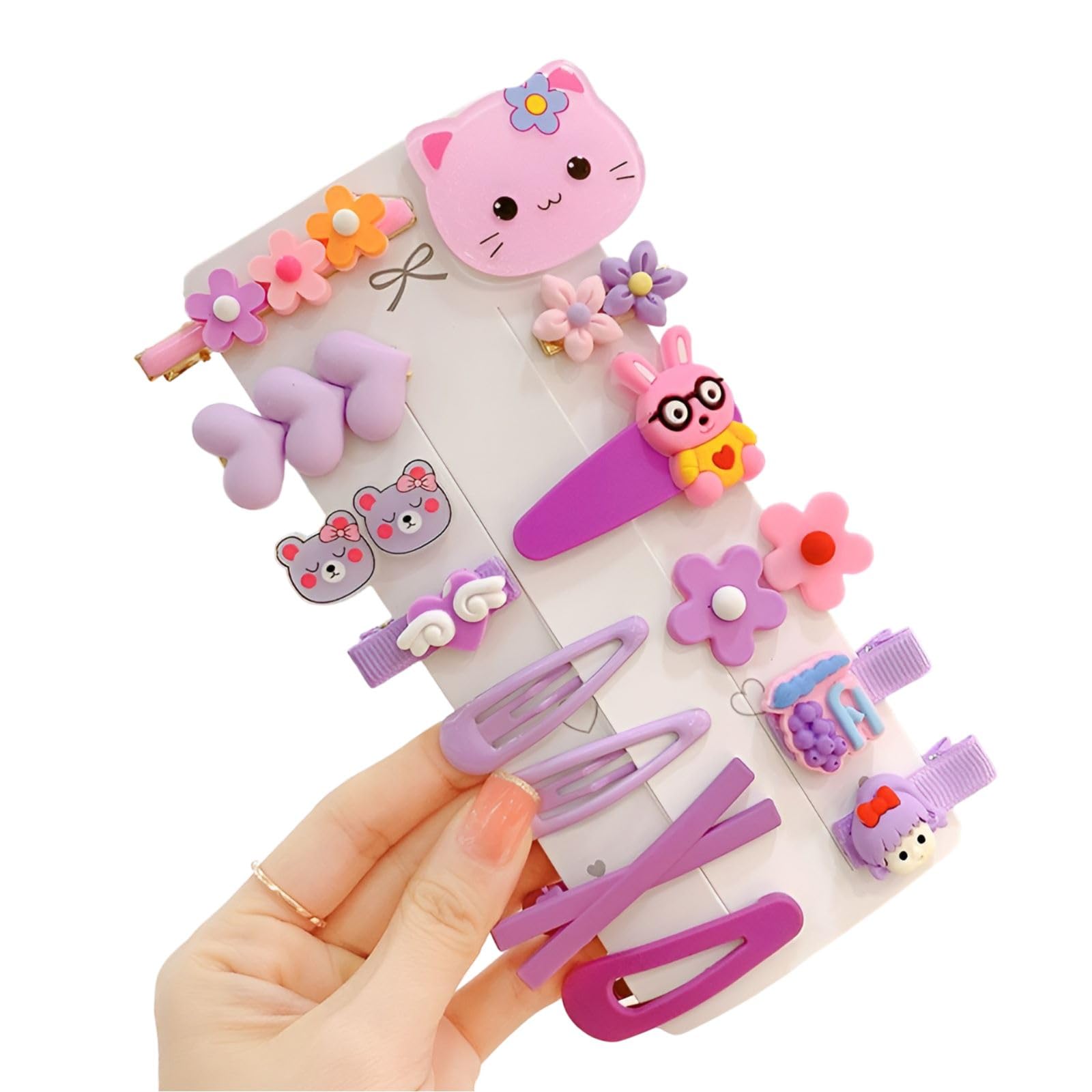 SYGA 14-Piece Baby Hair Clip Set for Girls Cute Cartoon & Floral Patterns Hair Pin Cute Cat, Rabbit, Flower, Bear, Heart - Purple-picture-22