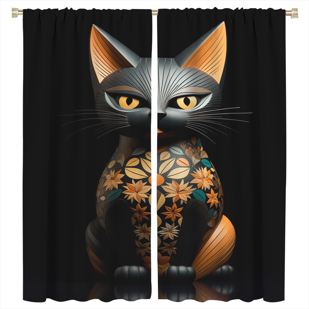 Fyfmushe Girls Vintage Cat Blackout Curtains Colorful Flower Black Animal Rod Pocket Window Drapes Room Darkening Curtains For Bedroom 107Cm W X 115Cm L
