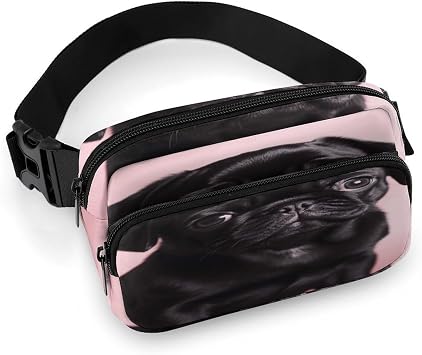 Cute Black Pug Waist Bag for Men Women Belt Bag Hip Pack with Zipper Full Printed Fanny Pack with Adjustable Strap