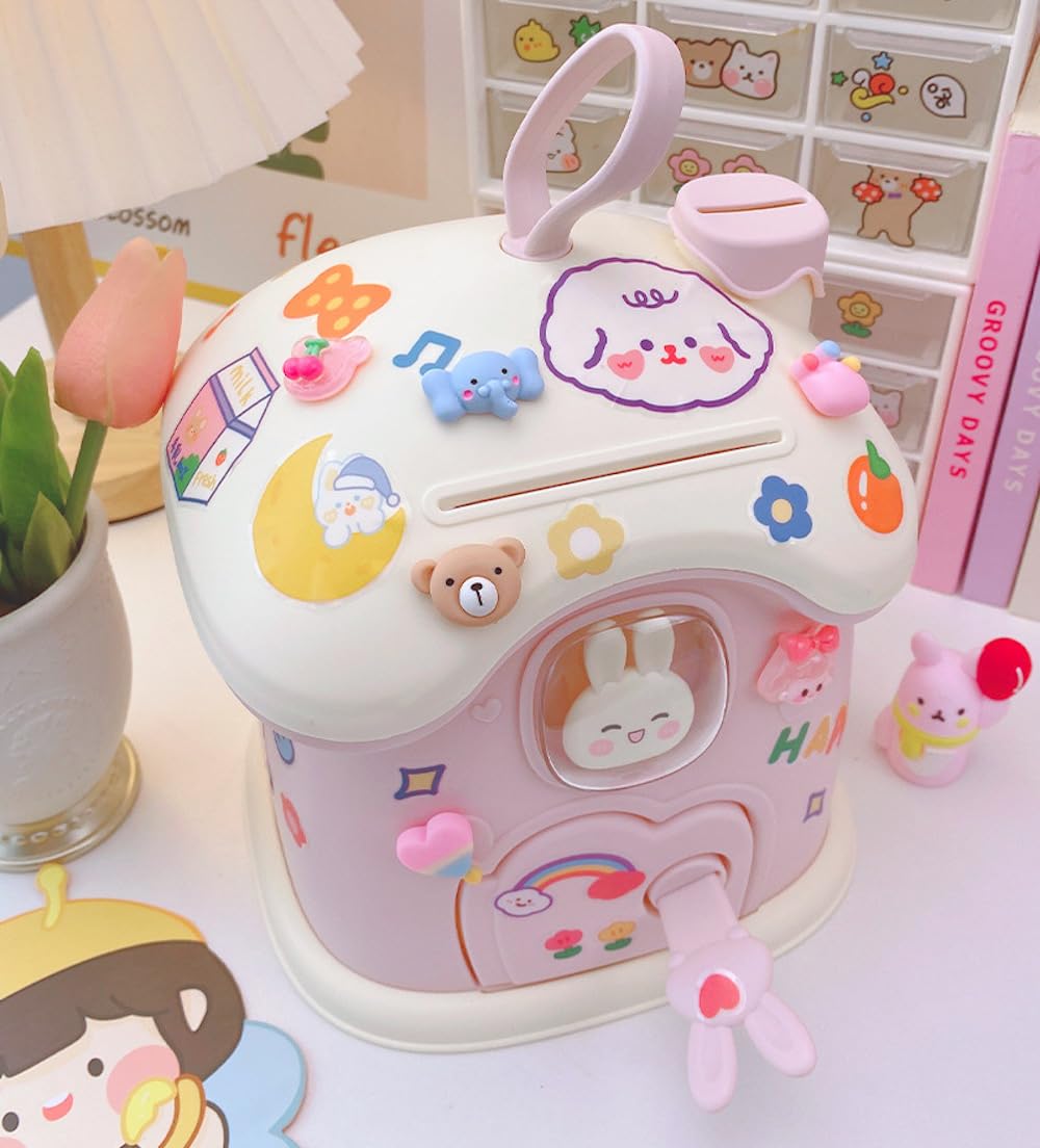Kawaii Mushroom House Piggy Bank with Key and 3D Stickers Kids Teen Girls Money Saving Box Deposit Box Cute Kawaii Storage Box Desk Organizer Back to