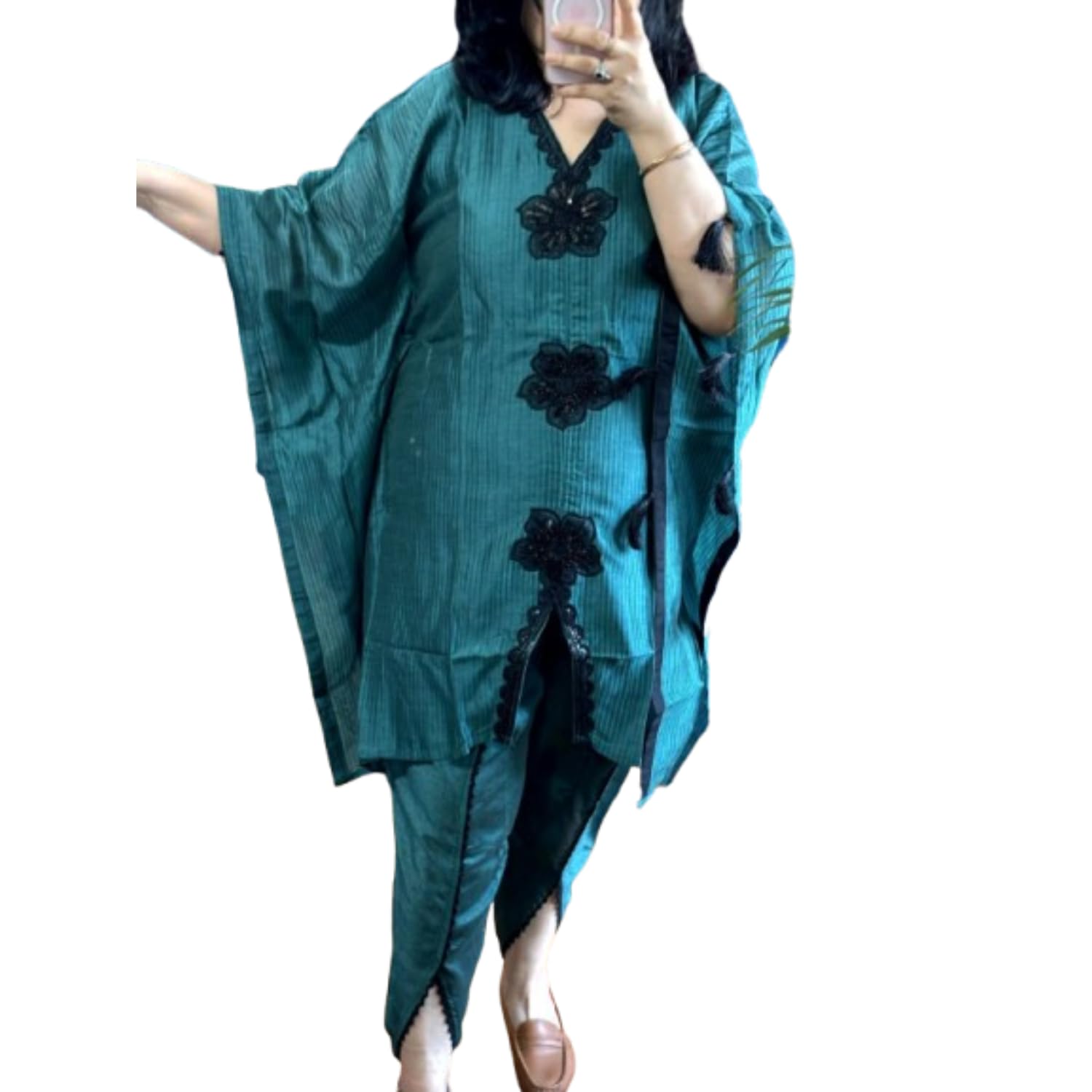 Women's Fusion Coord Set – Premium Kaftan Top with Handwork & Tassel Details and Lace Tulip Pants – Chic Ethnic Indo-Western Outfit for Parties & Festive Occasions (Standard, Ocean Blue, M)-image-4