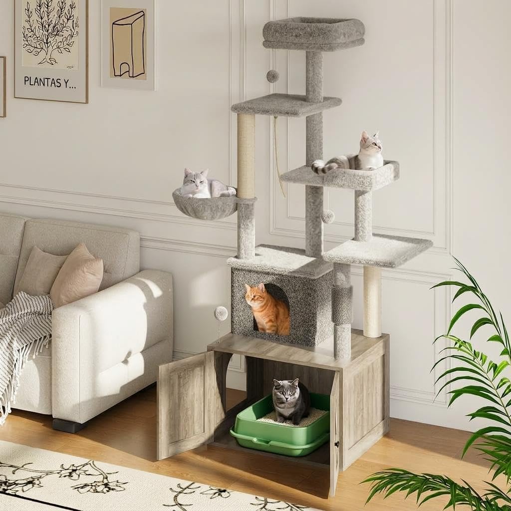 Aptliton 2-in-1 Wooden Cat Tree with Hidden Litter Box Enclosure, Multi Level Cat Tower Featuring Hammock, Top Perch, Scratching Posts and Interactive Toys for Large Indoor Cats