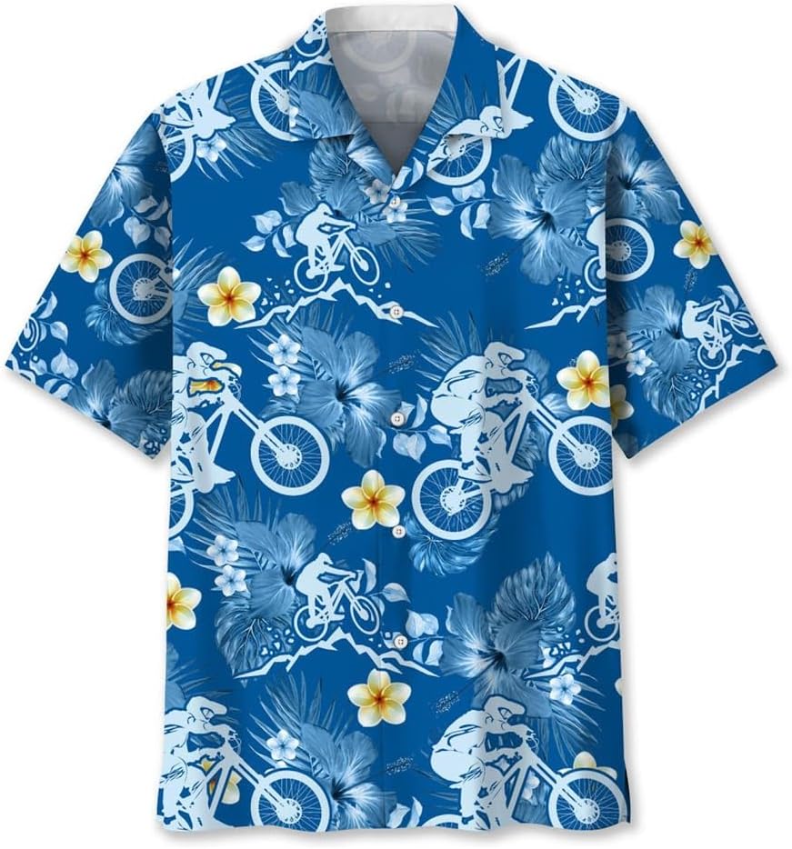 Mountain Bike Hawaiian Shirts for Men, Mens MTB Shirt Summer Short Sleeves Aloha Beach Clothing
