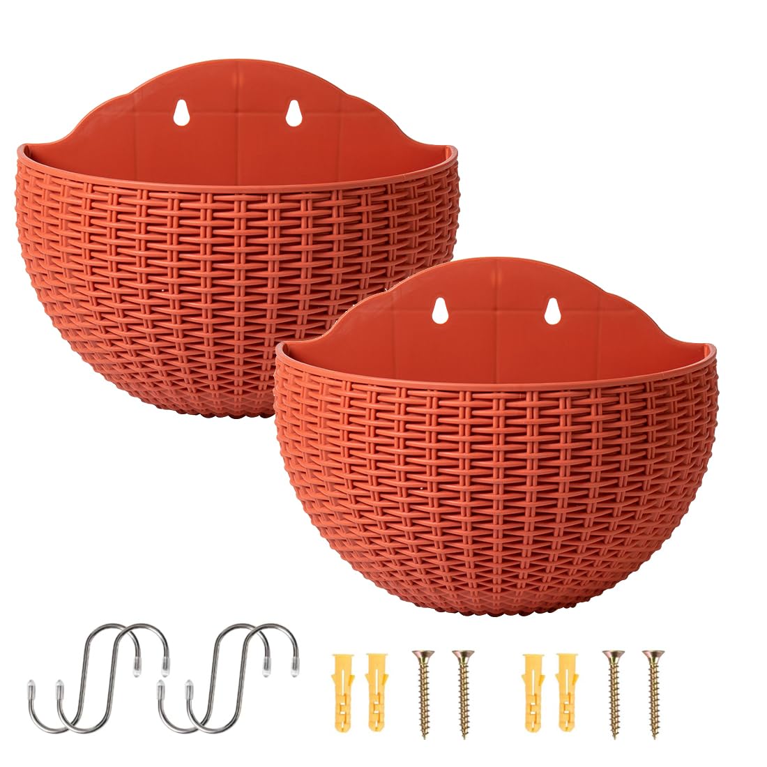 Senda Brick Red Wall Mounted Hanging Planters, 2 Pcs Half Round Plastic Flower Pot Plants Basket With Drainage And 4 Hooks, 4 Screws For Garden Patio Balcony Fence (Brick Red)