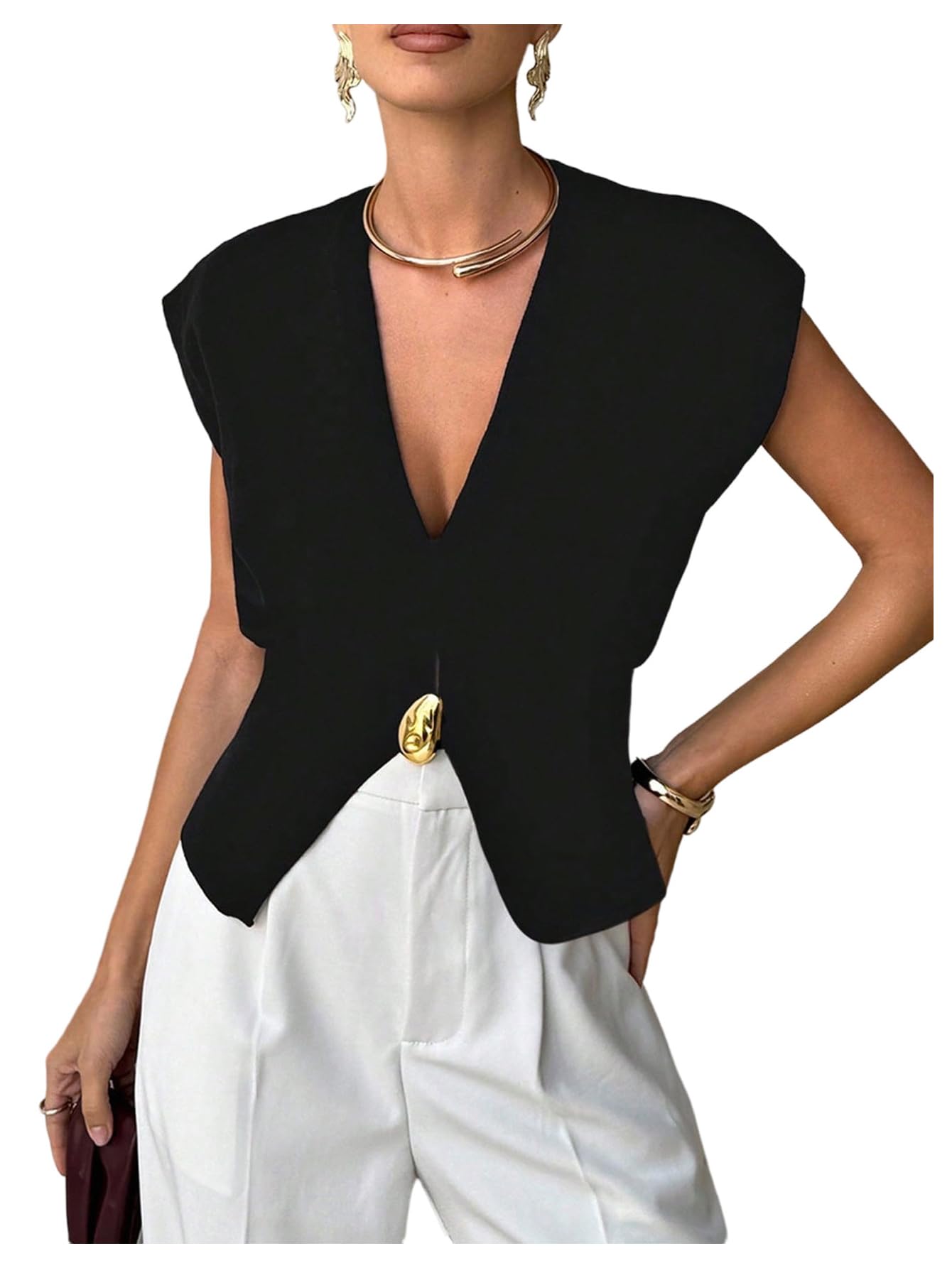Milumia Womens Sleeveless V Neck Sweater Vest Metal Button Slit Hem Going Out Knit Tank Tops