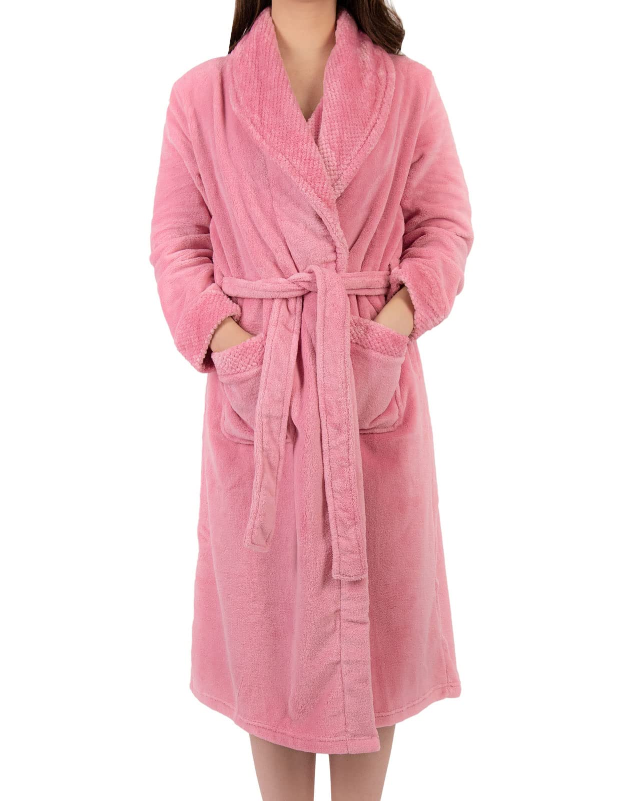 Slenderella Womens Shawl Collar Wrap Coral Fleece Dressing Gown Waffle Detail Robe Medium (Pink)