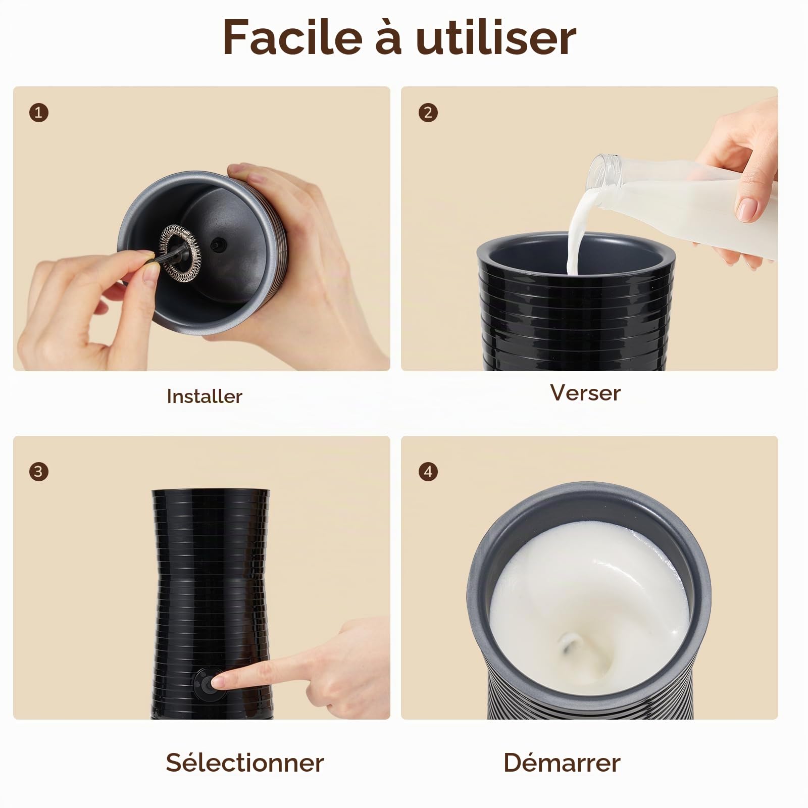 Mousseur à lait Électrique Automatique, Morpilot Cappuccinatore, Mousseur Lait 4 en 1, Libre Choix de l'Épaisseur de la Mousse, Silencieux et Revêtement Antiadhésif- Noir