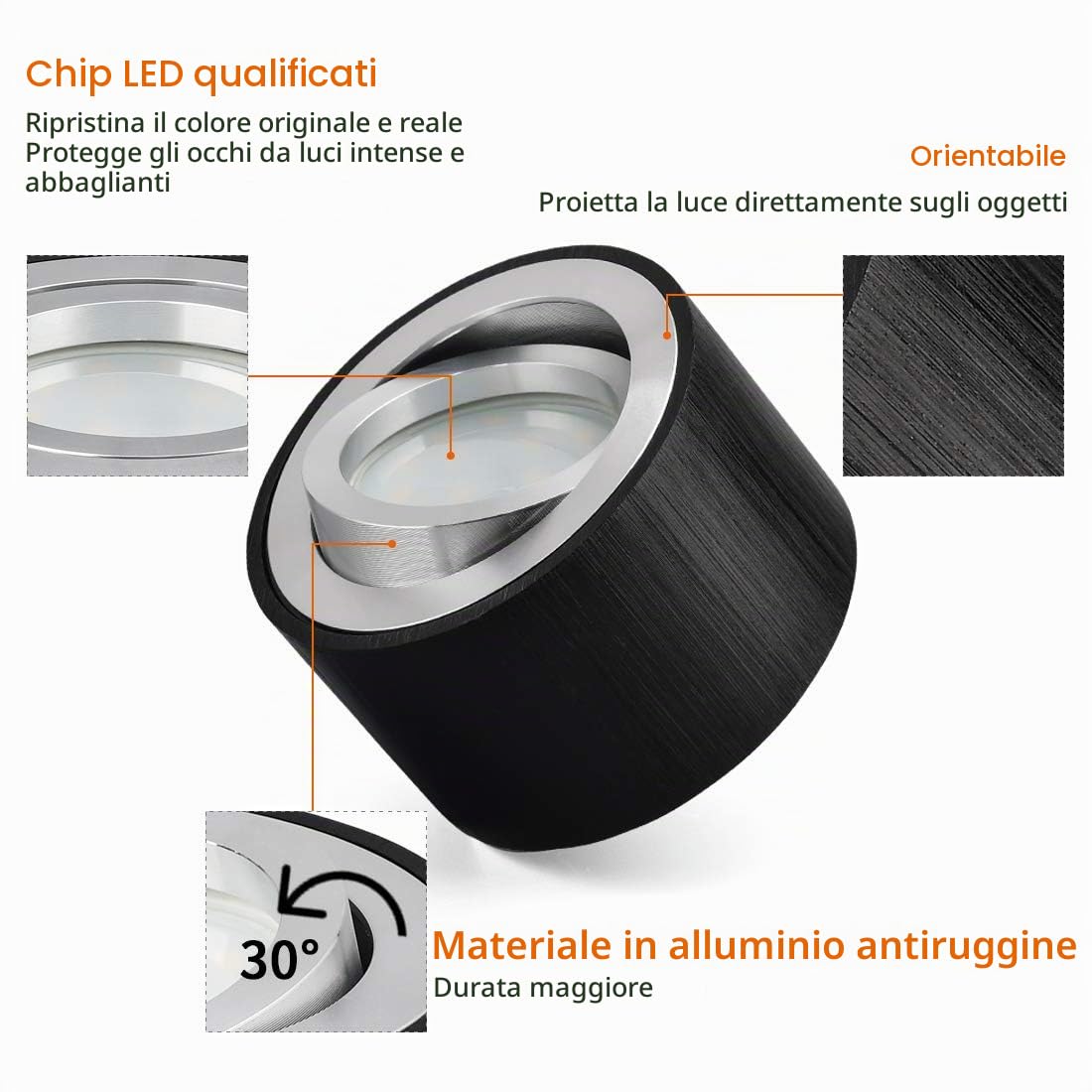 KYOTECH Faretto LED da incasso piatto, 230 V, orientabile, Ø 80 x 50 mm, con modulo LED da 5 W, luce bianca calda, 3000 K, 400 lm, LED da incasso, rotondo, nero spazzolato, set da 4 pezzi